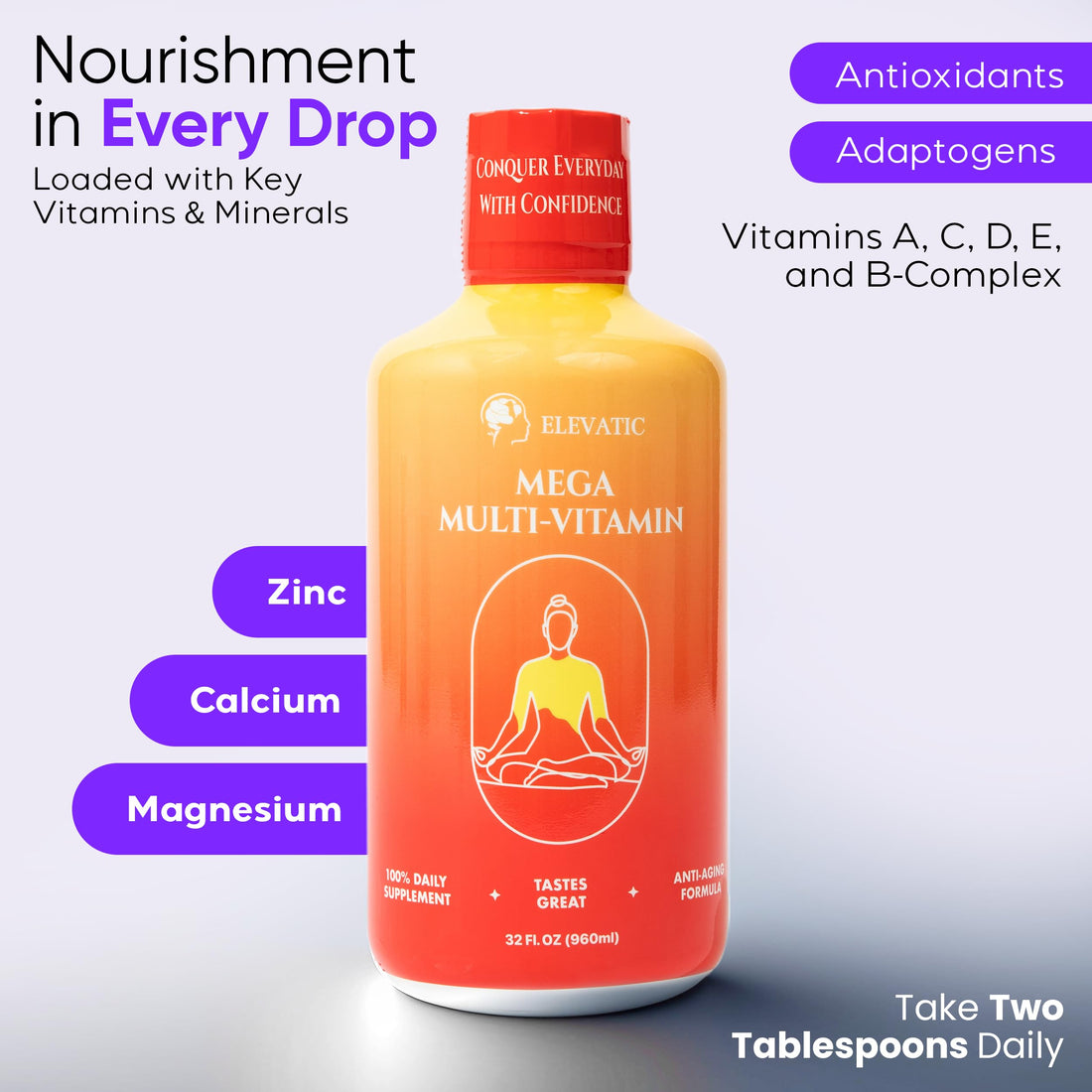 Elevatic Mega Liquid Multivitamin | 32 Fl.oz (960ml) | Easy to Consume Daily Use Multivitamin Liquid | Nutrition & Immune Support | Packed with Vital Nutrients for All