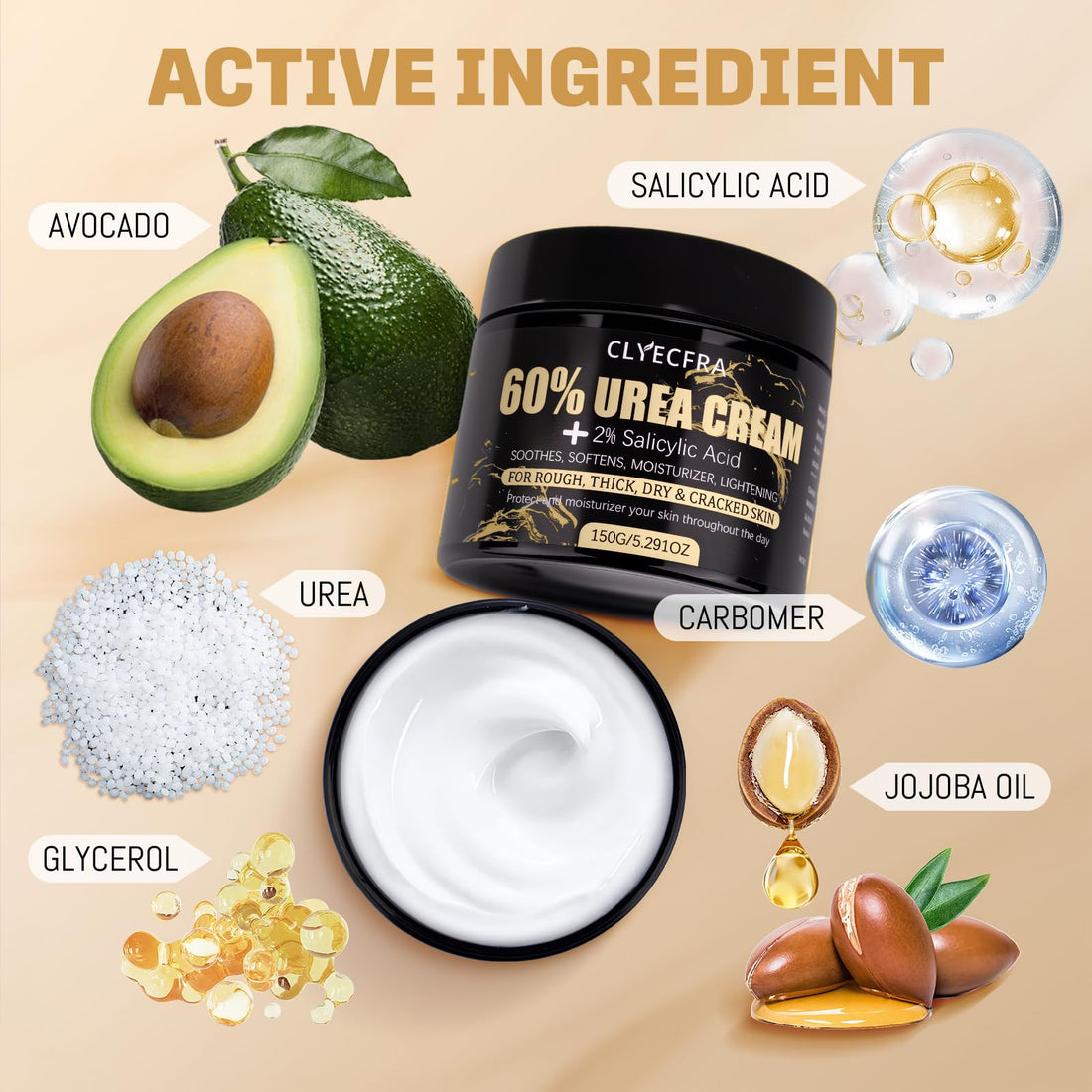 Clyecfra 60% Urea Cream with 2% Salicylic Acid, Urea Cream 60 Percent for Feet & Hands- Maximum Strength Moisturizer for Rough, Dry, Thick & Cracked Skin, Callus Remover, Deep Hydration, 150g