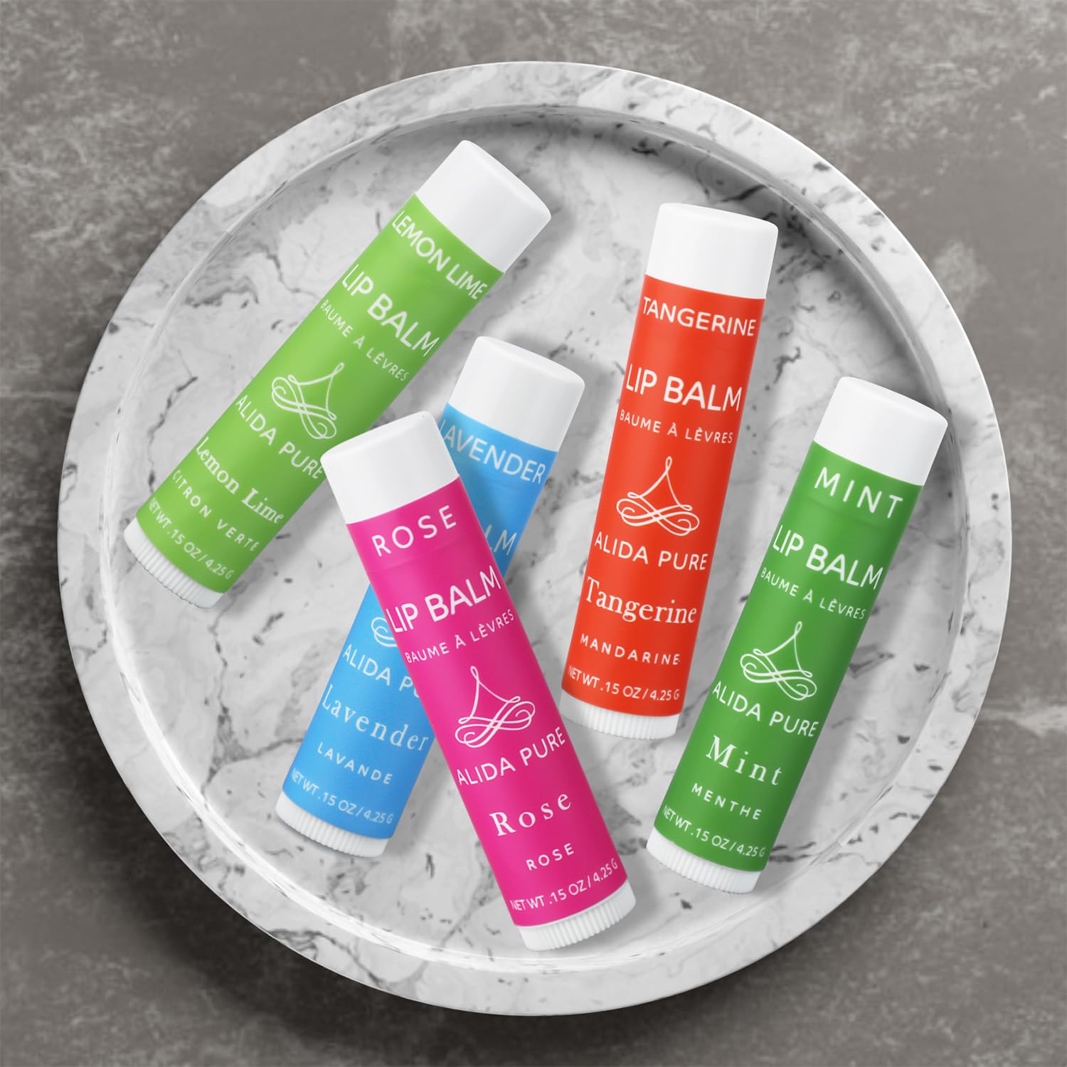 PURE + SIMPLE ARIA LIP BALM COLLECTION, VEGAN, SET OF 5 TUBES KEY LIME, LAVENDER, ROSE, PEPPERMINT, TUSCAN ORANGE, AVOCADO OIL, JOJOBA OIL, SOOTHES AND HEALS.