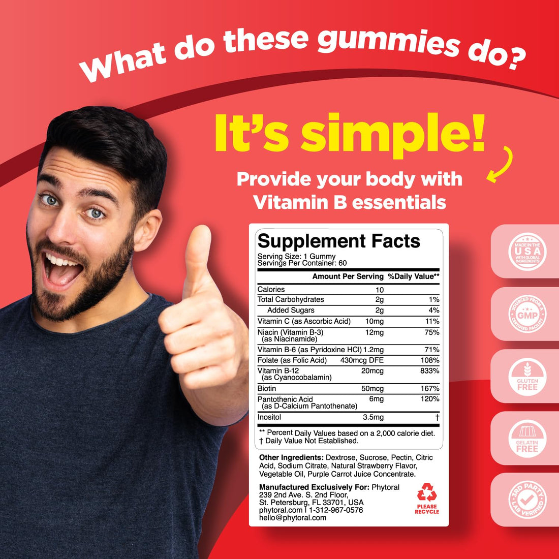 Vitamin B Complex Gummies for Adults & Kids - B Vitamins Complex with Thiamin, Riboflavin, Niacin, 6, 12 and Folate - Blend Supplement for Nervous System Support, Energy & High Strength - 60 Gummies