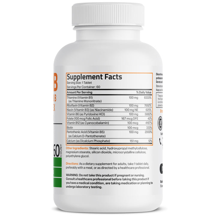 Bronson Vitamin B 100 Complex High Potency Sustained Release (Vitamin B1, B2, B3, B6, B9 - Folic Acid, B12), 60 Tablets