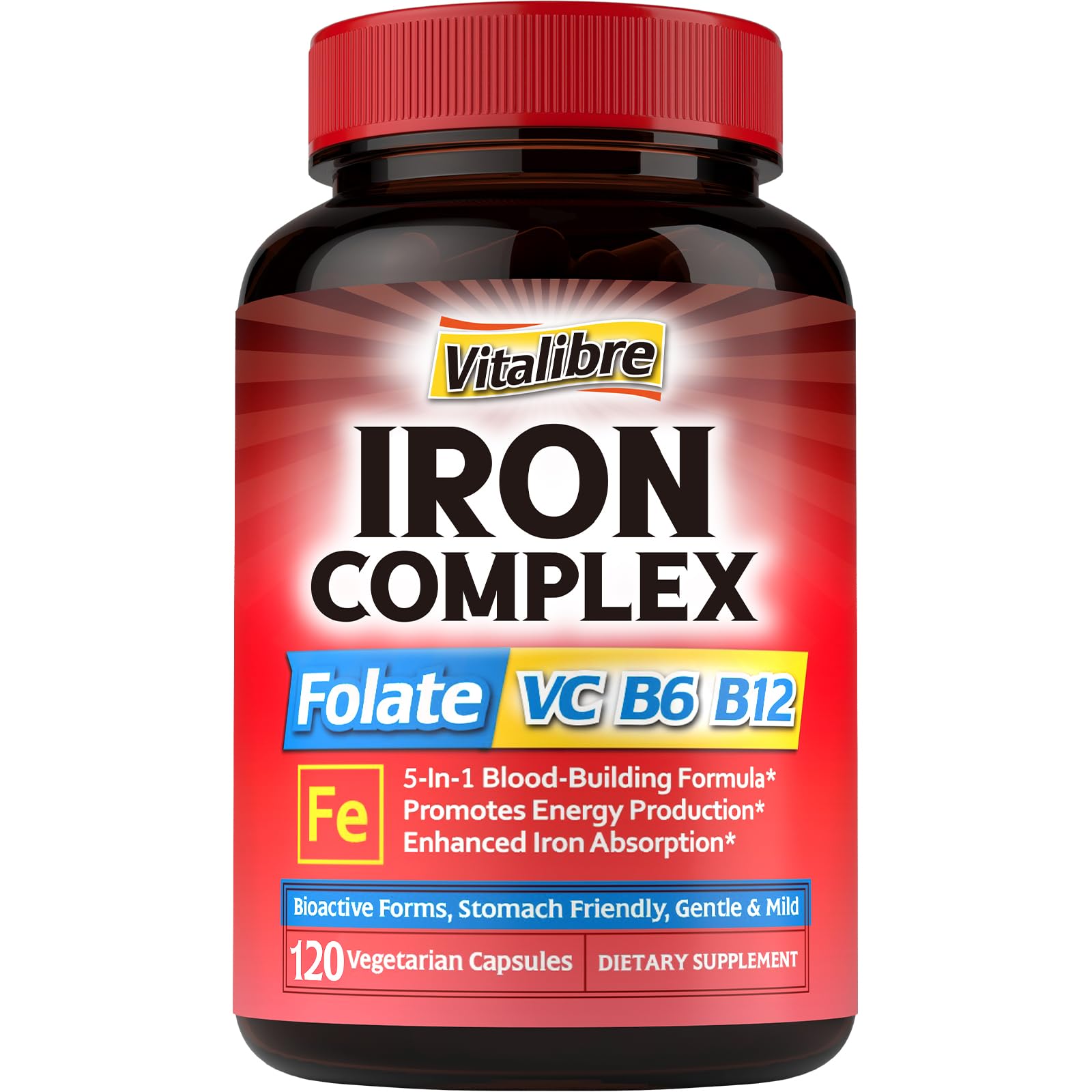Iron Supplement for Women & Men, with Vitamins C, B6, B12 & Folate for Iron Deficiency, Blood Building & Energy Support, Stomach Friendly, Better Absorption, Non-GMO,No Gluten,120 Vegan Caps
