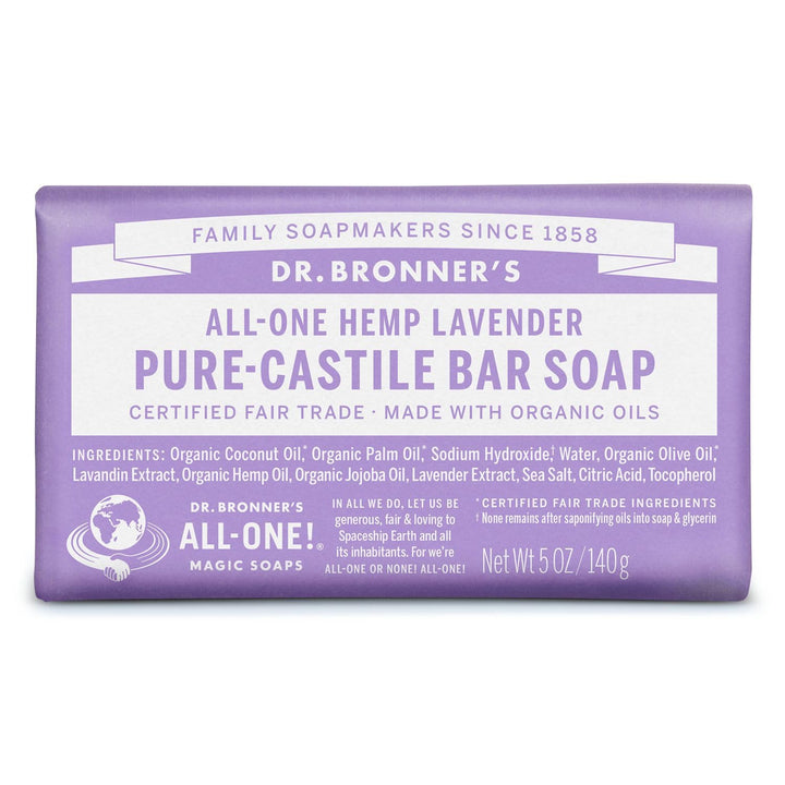 Dr. Bronner's - Pure-Castile Bar Soap (Lavender, 5 ounce) - Made with Organic Oils, For Face, Body and Hair, Gentle and Moisturizing, Biodegradable, Vegan, Cruelty-free, Non-GMO