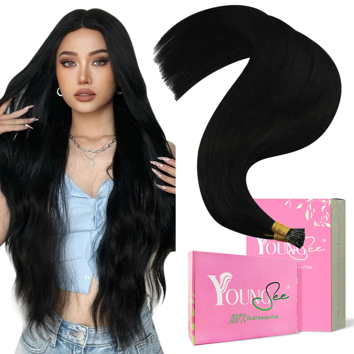 20, 1: Youngsee 20 Inches 100% Real I Tip Hair Extensions Keratin Human Hair Jet Black #1 50 Strands Fusion Tip Extensions Remy Human Hair Salon Style