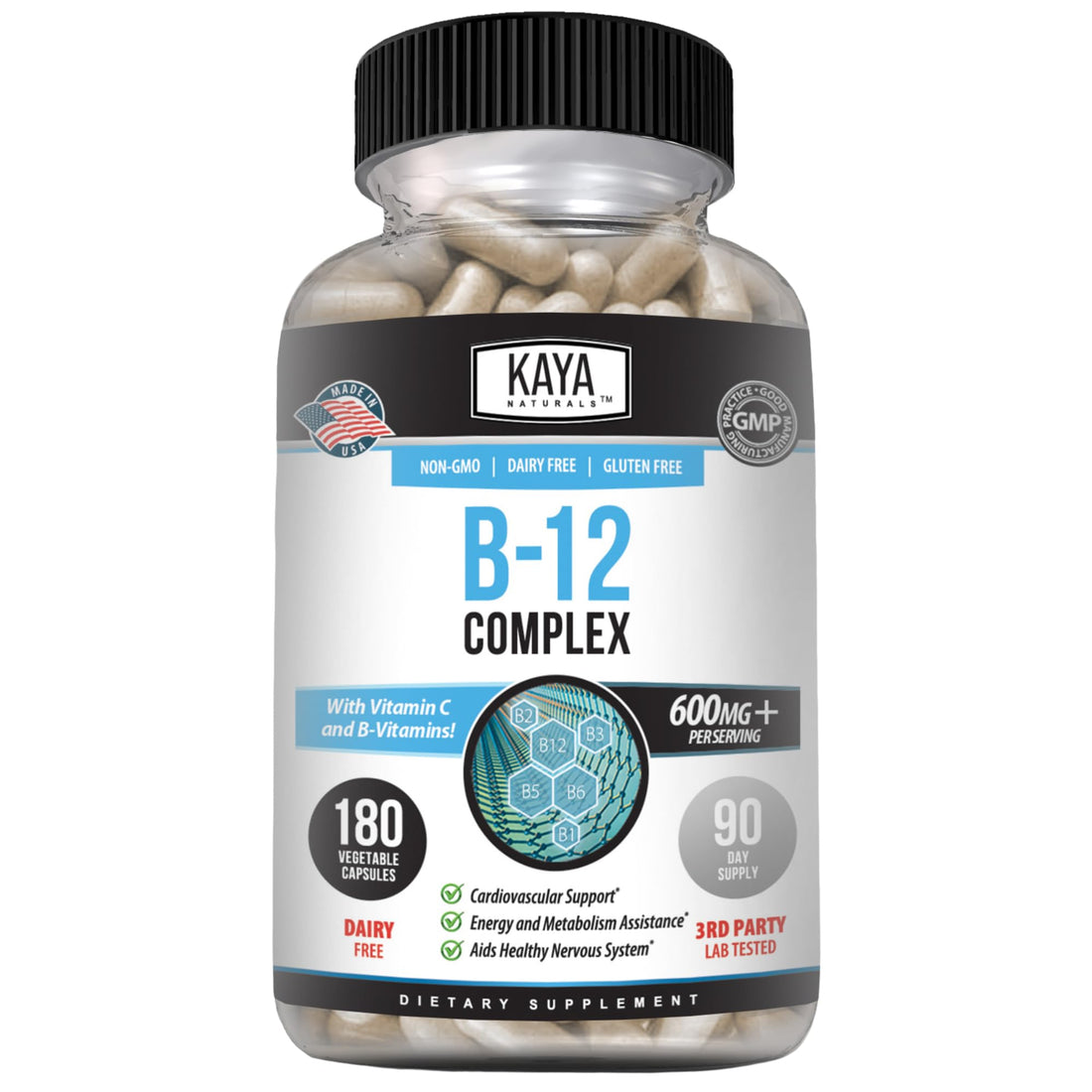 Kaya Naturals B-12 Complex | Multivitamin Supplement for Women & Men | Energy and Metabolism Booster | Vitamin Supplement with Biotin, Choline, Inositol, Folate, and Vitamin C – 180 Count