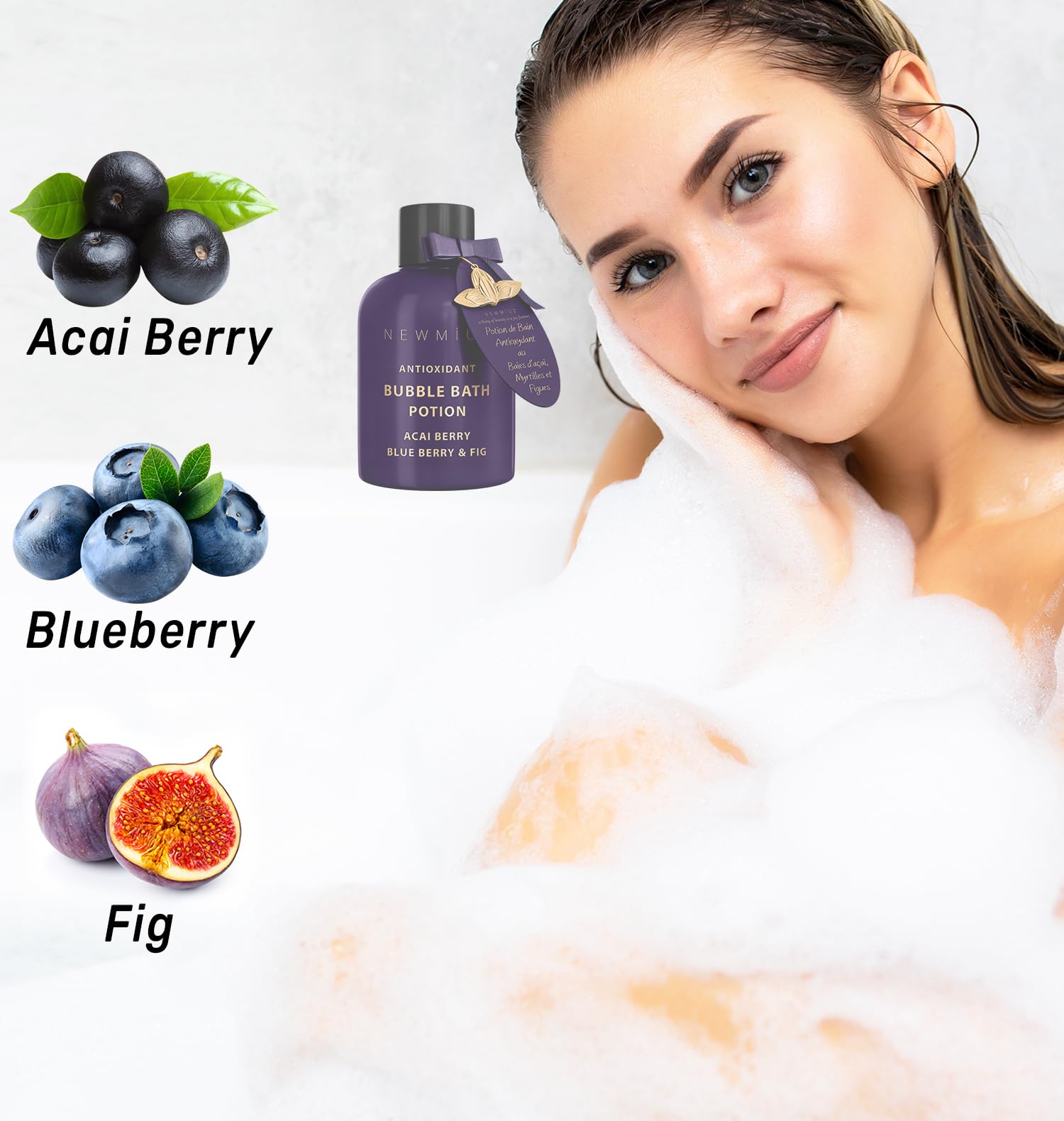 Antioxidant Bubble Bath Long Lasting Foam with Acai Berry Blueberry Fig Essential Oils Detox Hydrating Relaxing Stress Relief Self Care Spa Gift