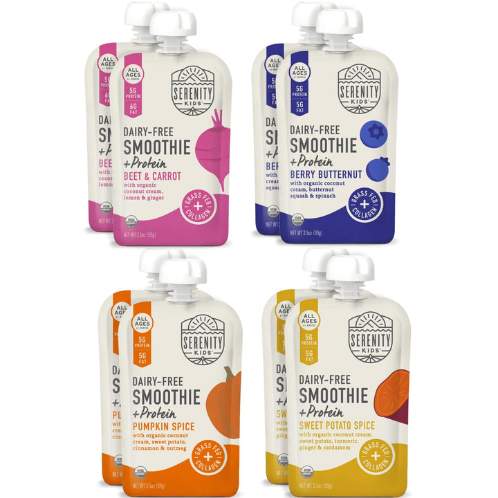 Serenity Kids 6+ Months Dairy-Free Smoothie Baby Food - USDA Organic Grass-Fed Collagen Protein - 3.5 Oz BPA-Free Pouches - Variety Pack (8 Count) - Baby Smoothie Pouch Set
