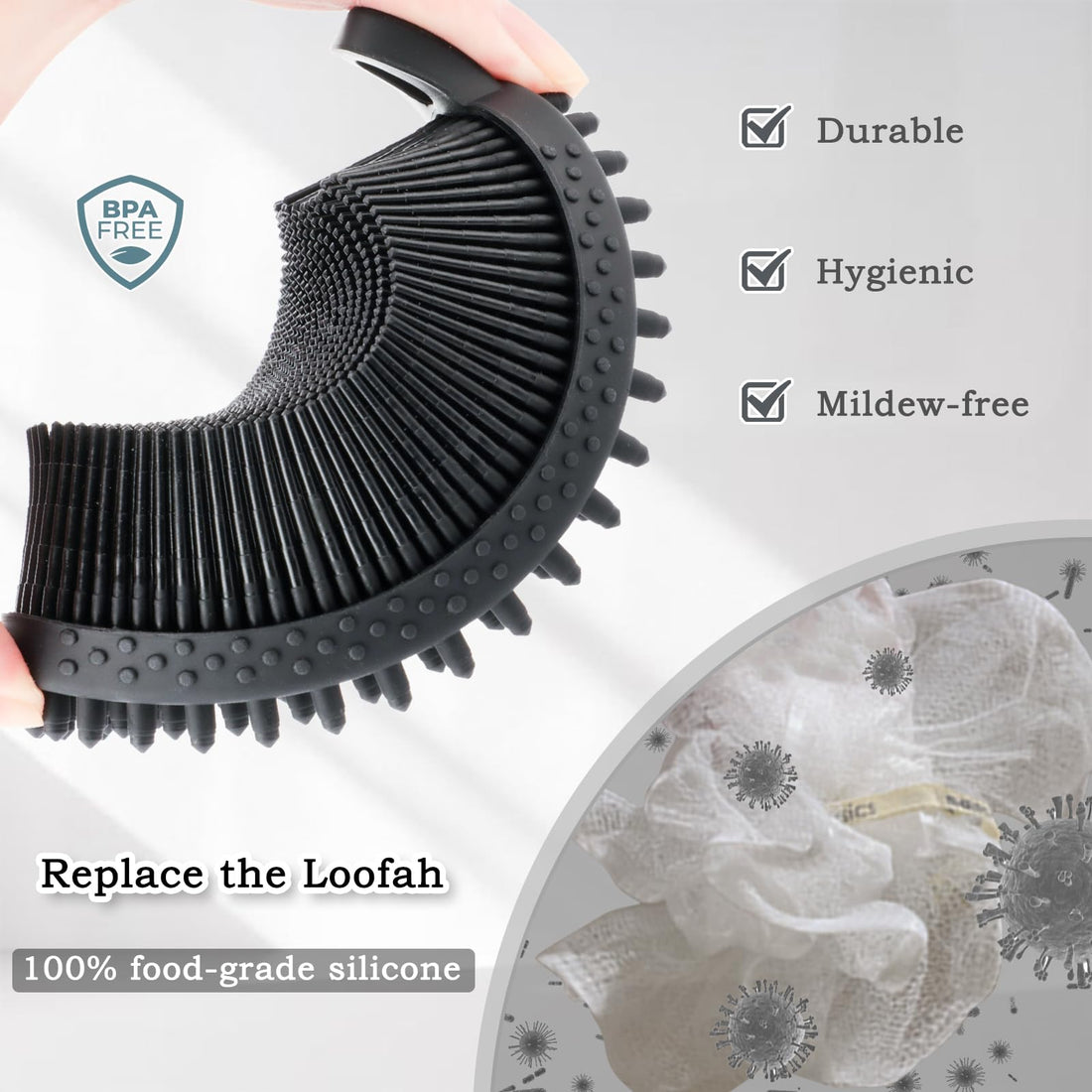 FREATECH Silicone Body Scrubber Gentle Exfoliating Bath Shower Body Cleansing Brush, More Hygienic Than Loofah, Easy to Clean and Durable, for Men Women Kids, Sensitive Skin, Black