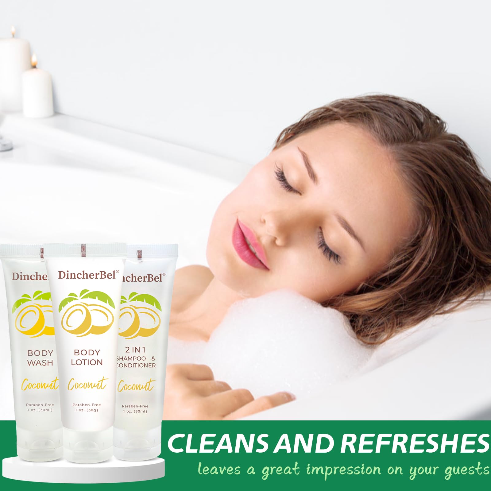 Travel Size Toiletries Kits, Bulk Mini Hotel Guest Amenities (Tropical Coconut, 1oz each), 3-Piece Sets Refreshing Coconut Scent - 50 Shampoo & Conditioner 2 in 1, 50 Body Wash and 50 Body Lotion