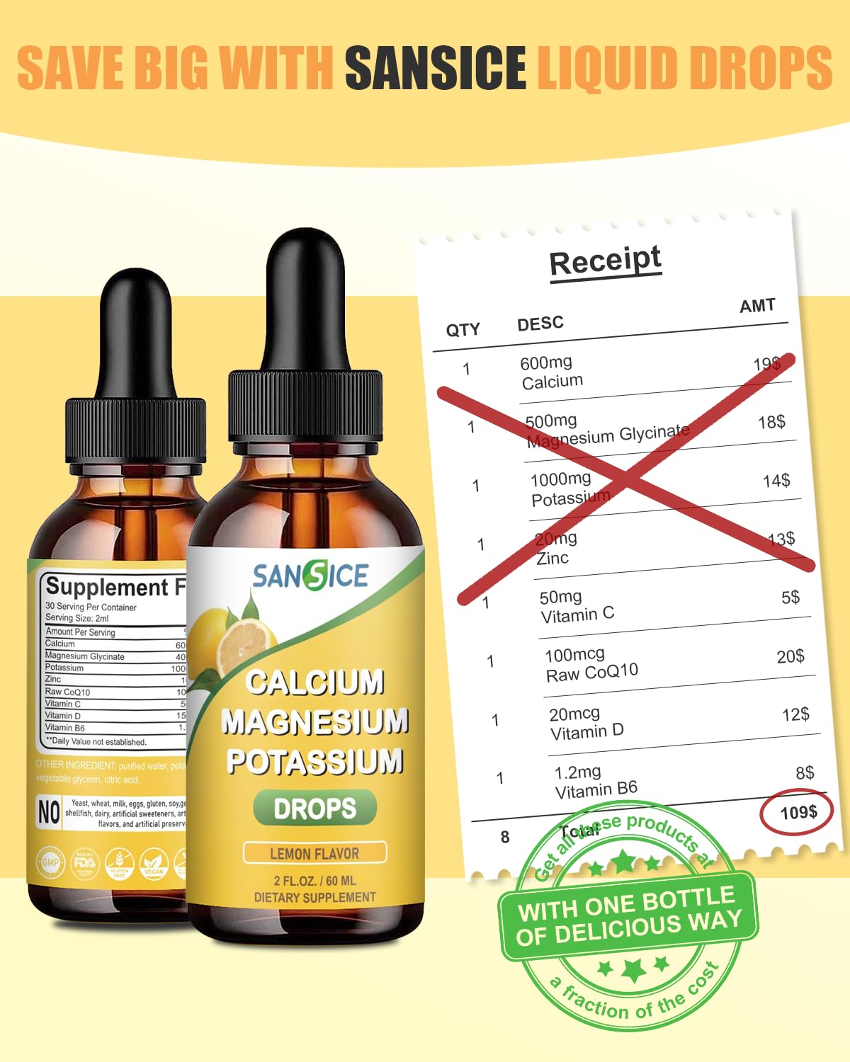 SANSICE Calcium Magnesium Potassium Liquid Drops, 400mg Magnesium Glycinate, 600mg Calcium Potassium Magnesium Drop Supplement with Vitamin D and Zinc (60ml/Lemon Flavor)