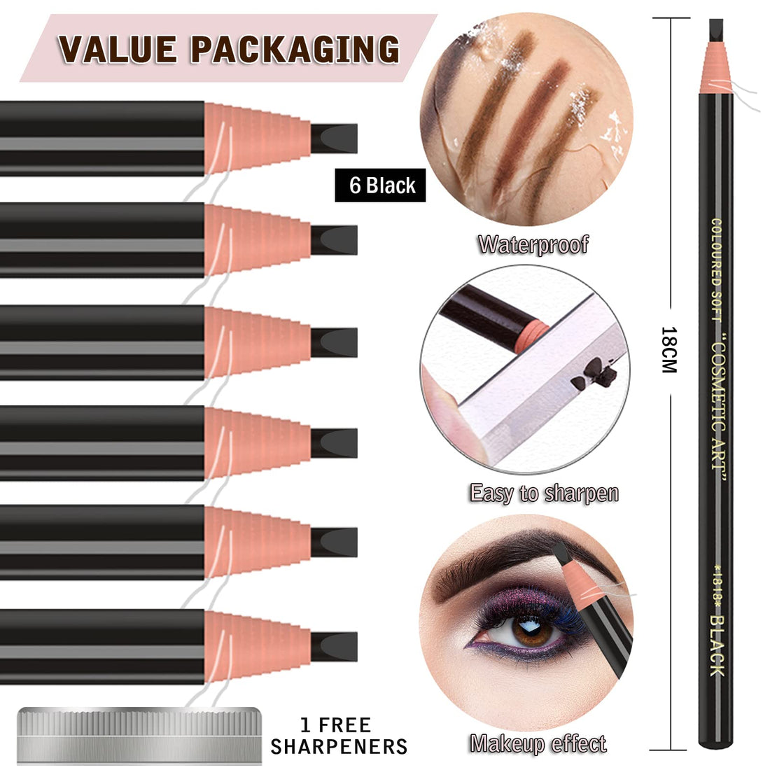 Waterproof Eyebrows Pencil Tattoo Makeup And Microblading Supplies Kit-Permanent Eye Brow Liners In 5 Colors Waterproof Eyebrow Pencils Peel - Brow Pencil Set For Marking (6 Black)