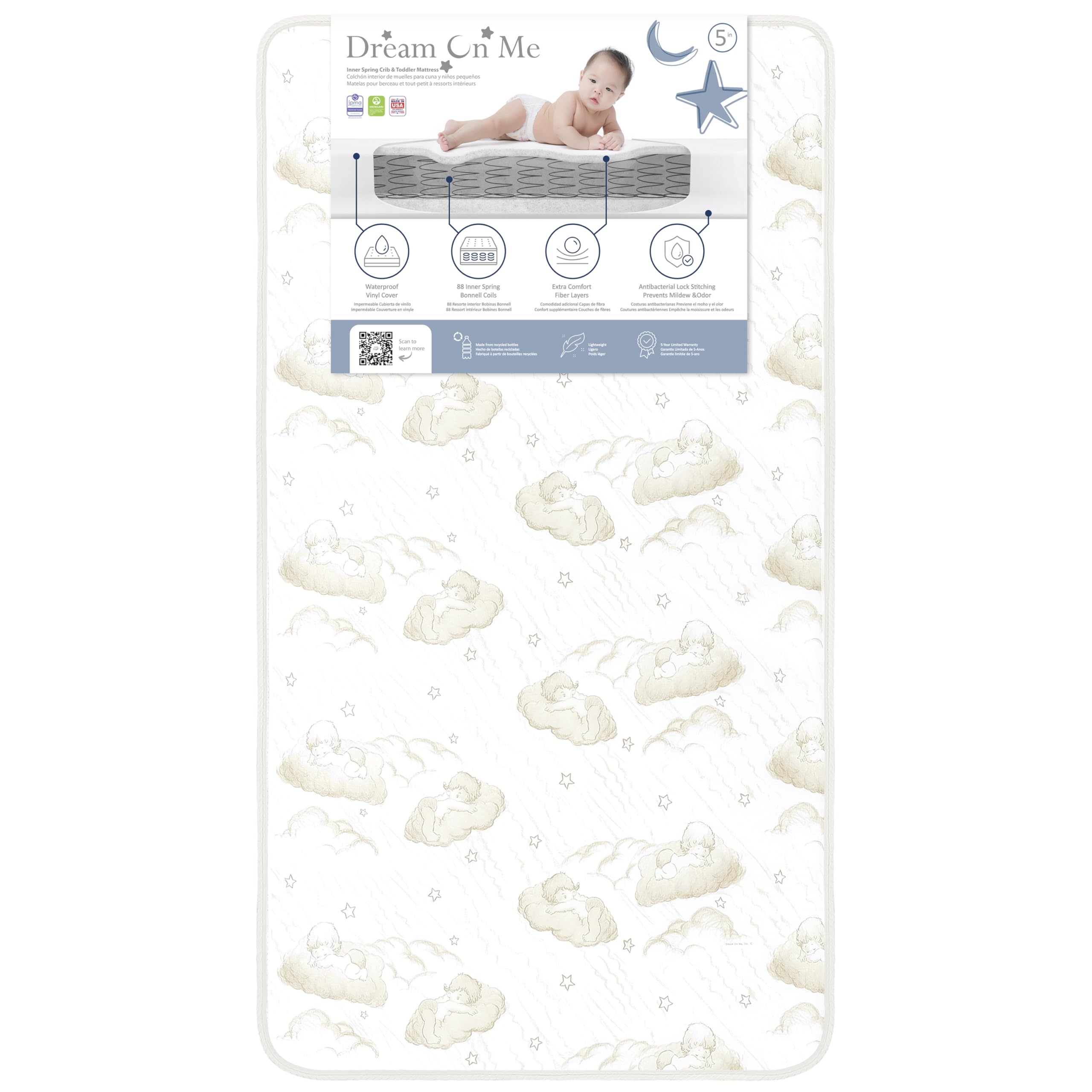 Dream On Me Twilight 5” 88 Coil Inner Spring Crib And Toddler Mattress, Greenguard Gold Certified, 10 Year Limited Warranty, Waterproof Vinyl Cover, Made In The U.S.A, Support And Comfort