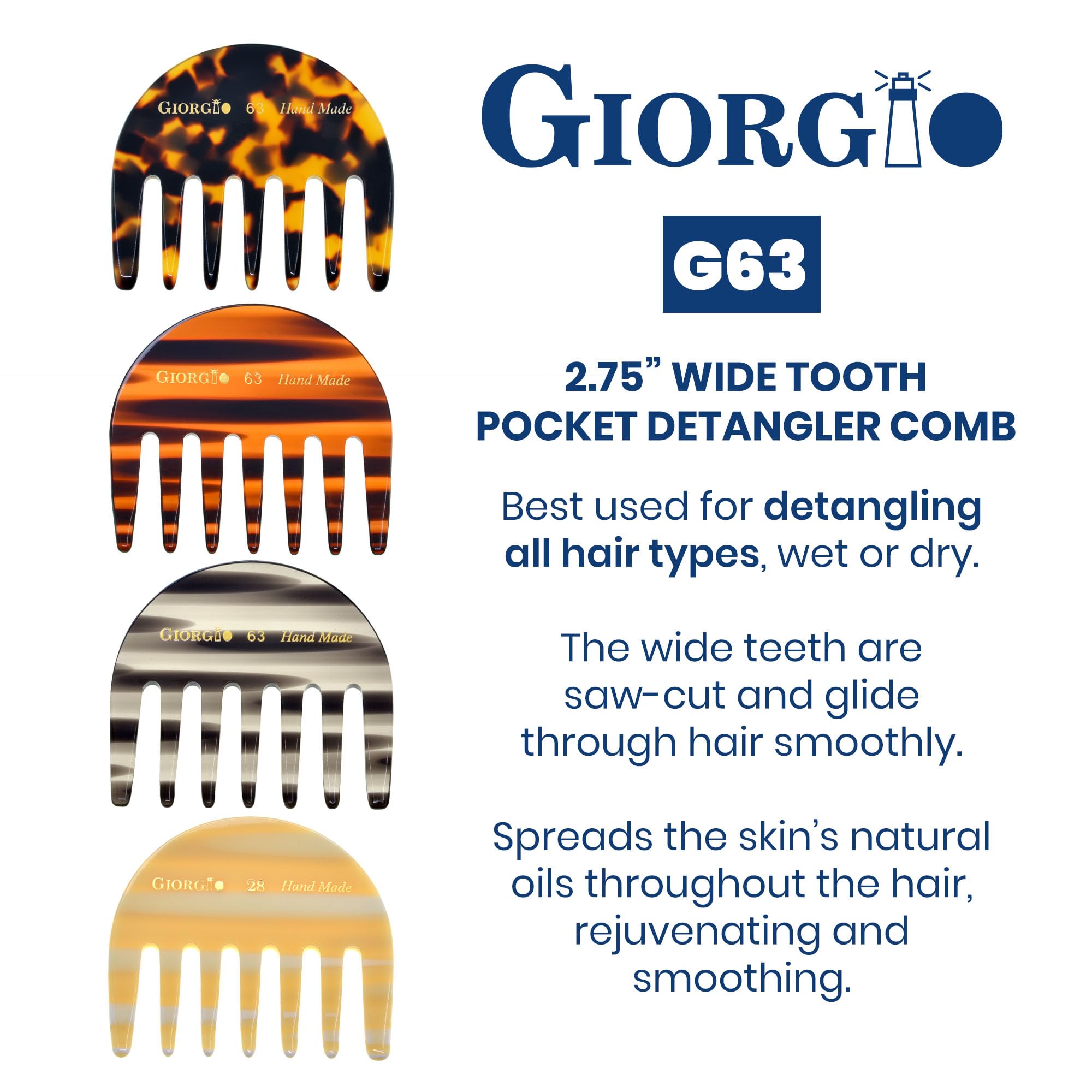 Giorgio G63 2 3/4 Hand Made Tortoise Detangling Comb - Wide Teeth Flexible Comb. Hand-Made of quality Durable Cellulose, Saw-cut and Hand Polished. (2-Pack) : 2-Pack