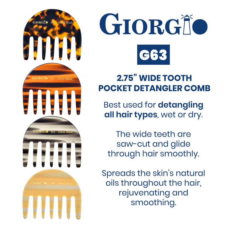 Giorgio G63 2 3/4 Hand Made Tortoise Detangling Comb - Wide Teeth Flexible Comb. Hand-Made of quality Durable Cellulose, Saw-cut and Hand Polished. (2-Pack) : 2-Pack