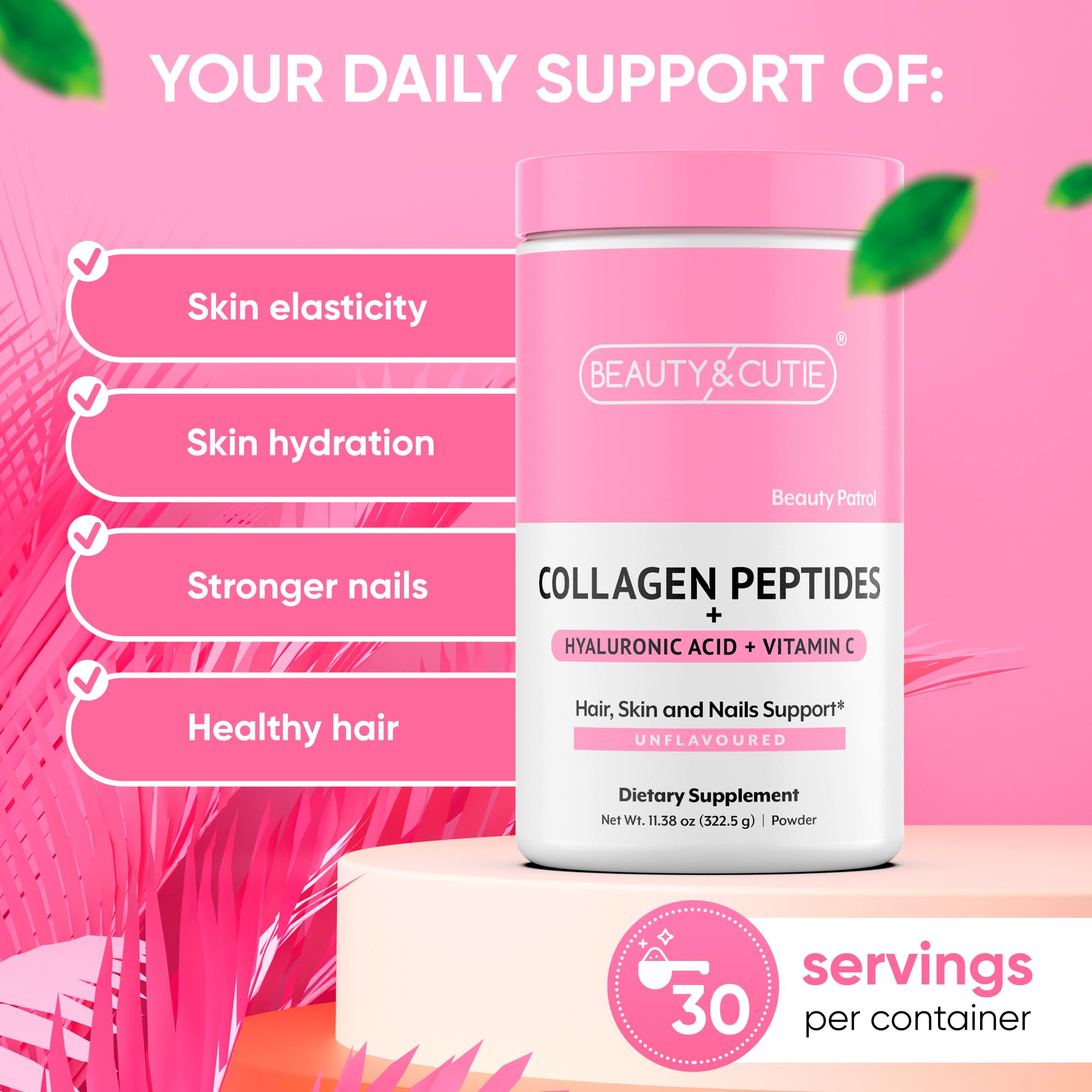 BEAUTY AND CUTIE Collagen Peptides 10g with Hyaluronic Acid 120 mg and Vitamin C Powder, Hair, Skin and Nails Support, Grass Fed, Unflavored, 11.38 oz