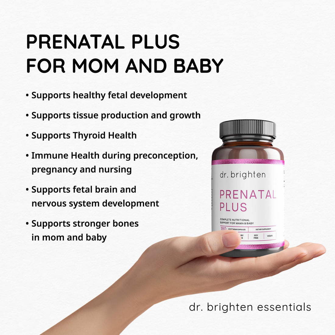 Dr. Brighten Prenatal Plus - Women’s Formulation, Active B Vitamins, Minerals, Antioxidants for Pregnant or Nursing Mothers, Non-GMO Vegan, No Gluten, No Soy - 180 Capsules