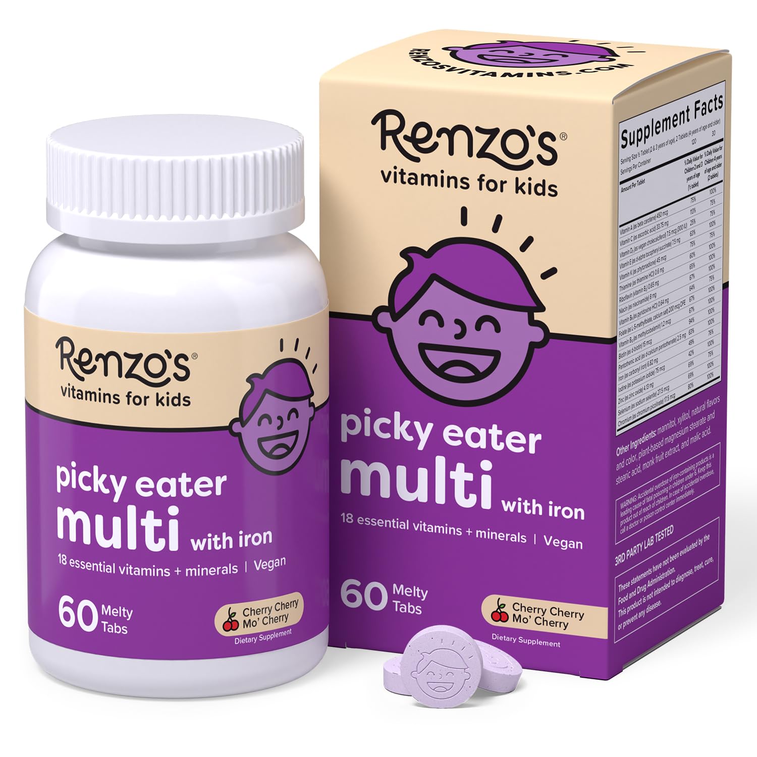 Renzo's Picky Eater Kids Multivitamin with Iron, Dissolving Kids Vitamins with Vitamin D3 & K2 and More, 60 Sugar-Free Melty Tabs, Cherry Cherry Mo’ Cherry Flavored