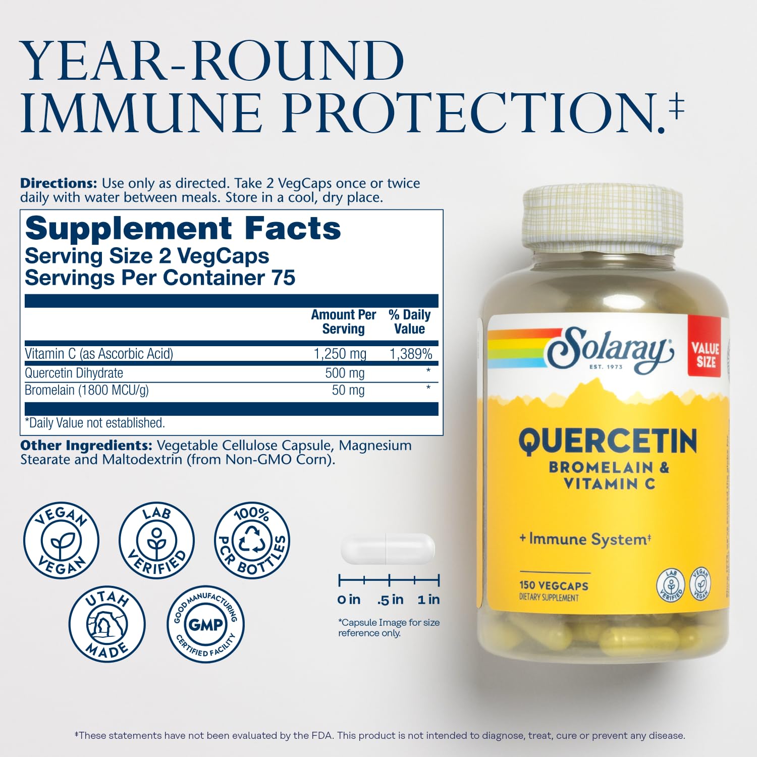 SOLARAY Quercetin Bromelain & Vitamin C, Immune System, Sinus, Respiratory & Antioxidant Activity Support, Vegan, 500mg of Quercetin & 1,235mg of VIT C, 60 Day Guarantee, 75 Servings, 150 VegCaps