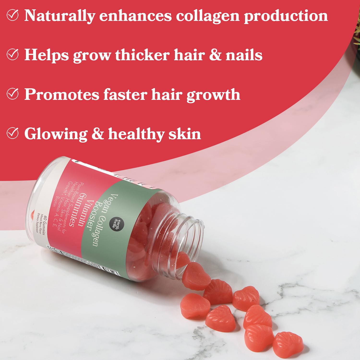 earth & elle Vegan Collagen Booster Gummies for Women with Biotin and Vitamins - Boosts Hair Nails and Skin Health, Anti-Aging - Delicious Sugar Free Berry Flavor - Easy to Chew - 60 Count
