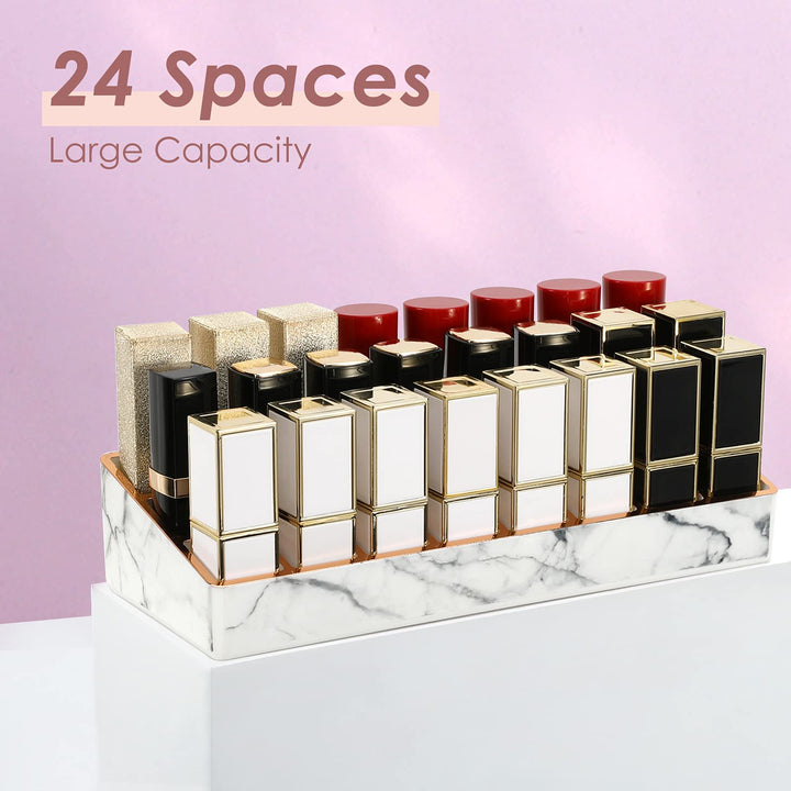 Emibele Lipstick Holder, 24 Slots Marble Lipstick Organizer Display Stand with Unique Gold-stamping Edges, Cosmetics Storage Display Case for Lipstick, Lip Gloss, Brushes, White Marble (P723314097671)