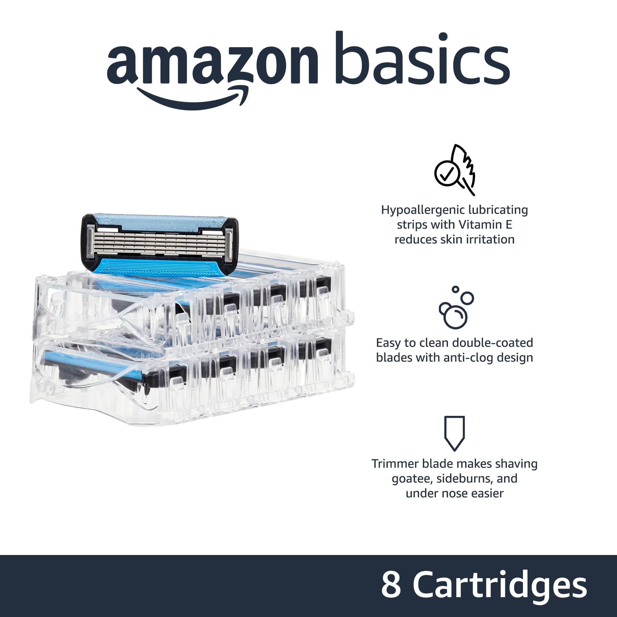 Amazon Basics 5-Blade MotionSphere Razor Refills for Men with Dual Lubrication and Precision Beard Trimmer, 8 Cartridges (Fits Amazon Basics Razor Handles only) (Previously Solimo)