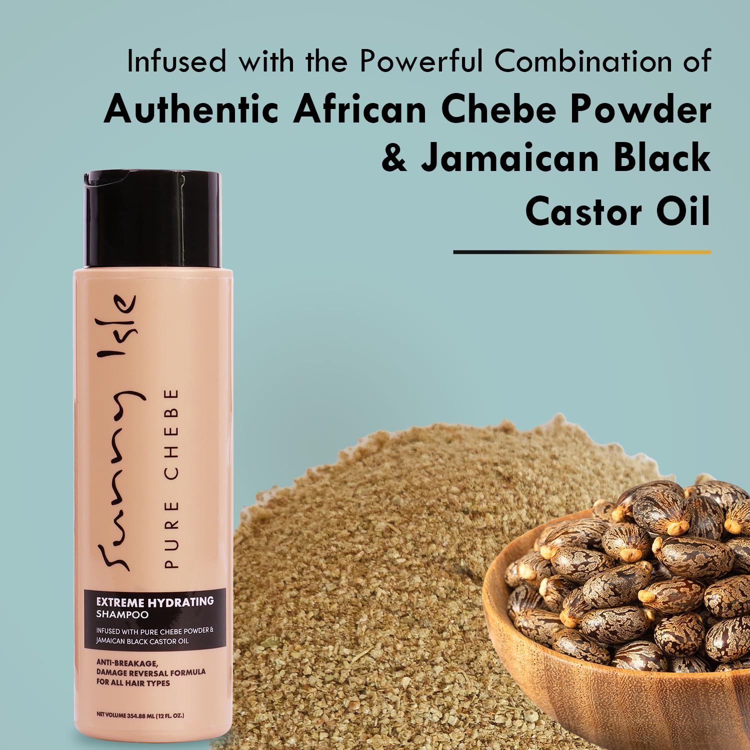 Sunny Isle Pure Chebe Extreme Hydrating Shampoo 12oz | Anti-Breakage, Damage Reversal Formula | Infused with Pure Chebe Powder & Jamaican Black Castor Oil | All Hair Types