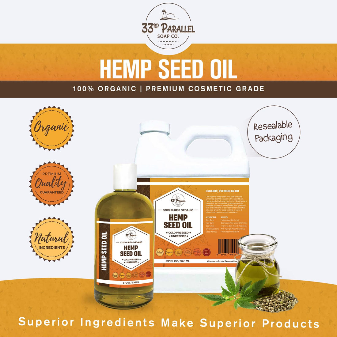 Organic Hemp Seed Oil (8 oz) Premium Cold Pressed Unrefined | 100% Pure Hemp Seed Oil for Skin, Face, Hair, Soap Making, Massage | Carrier for Essential Oils | Available in Bulk | 8 FL OZ