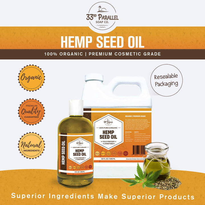 Organic Hemp Seed Oil (8 oz) Premium Cold Pressed Unrefined | 100% Pure Hemp Seed Oil for Skin, Face, Hair, Soap Making, Massage | Carrier for Essential Oils | Available in Bulk | 8 FL OZ