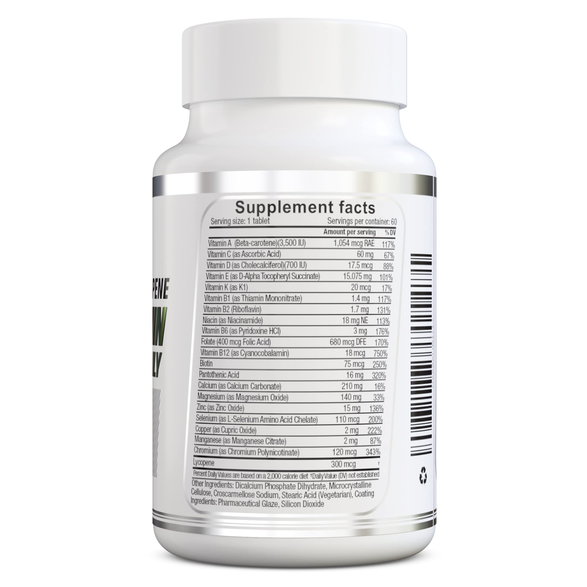 herbolab Multivitamin Once Daily, Max Strength Vitamins A, C, D, E, K, B1, B2, B6, B12, Niacin, Calcium, Magnesium, Zinc, Selenium, Copper, Manganese, Chromium with Lycopene, 60 Count 2 Mo Supply