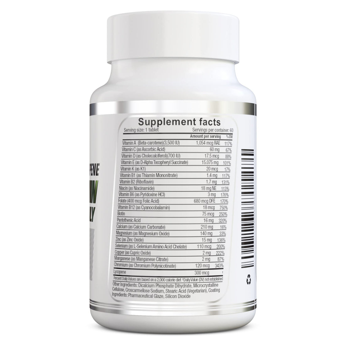 herbolab Multivitamin Once Daily, Max Strength Vitamins A, C, D, E, K, B1, B2, B6, B12, Niacin, Calcium, Magnesium, Zinc, Selenium, Copper, Manganese, Chromium with Lycopene, 60 Count 2 Mo Supply