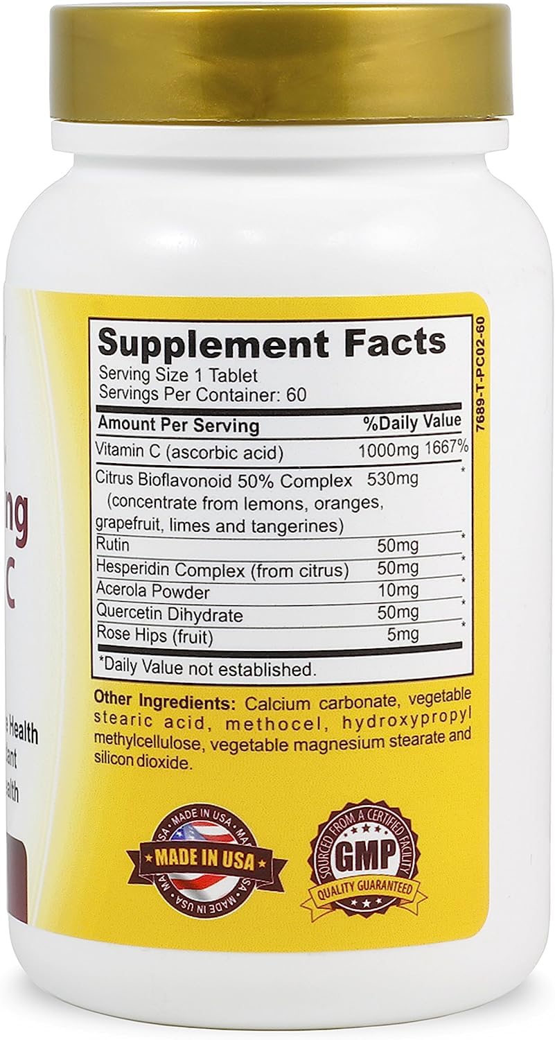 Vitamin C Complex 1000 mg Tablets for Skin Lightening Brightening Antioxidant with Rose Hips and Bioflavinoids Immune Support Supplement Healthy Aging Builds Energy and Overall Well Being