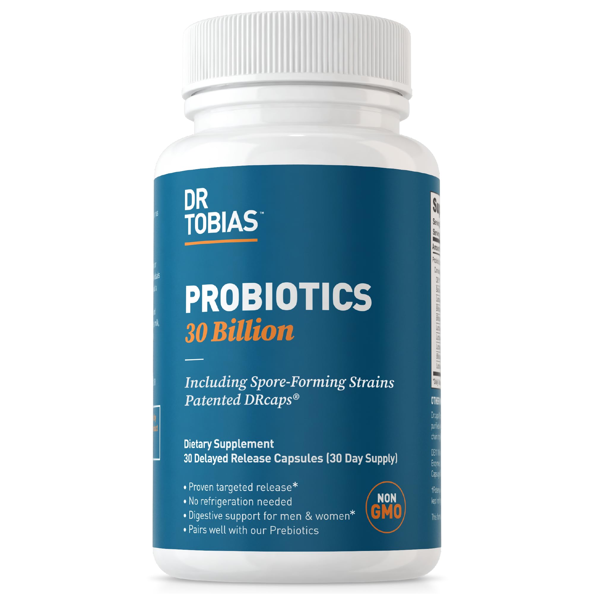 Dr. Tobias Probiotics 30 Billion, 10 Strains, 30 Billion CFU's, Targeted Release Probiotics for Women & Men, Supports Digestive Health, Shelf-Stable, Non-GMO, 30 Capsules, 30 Servings