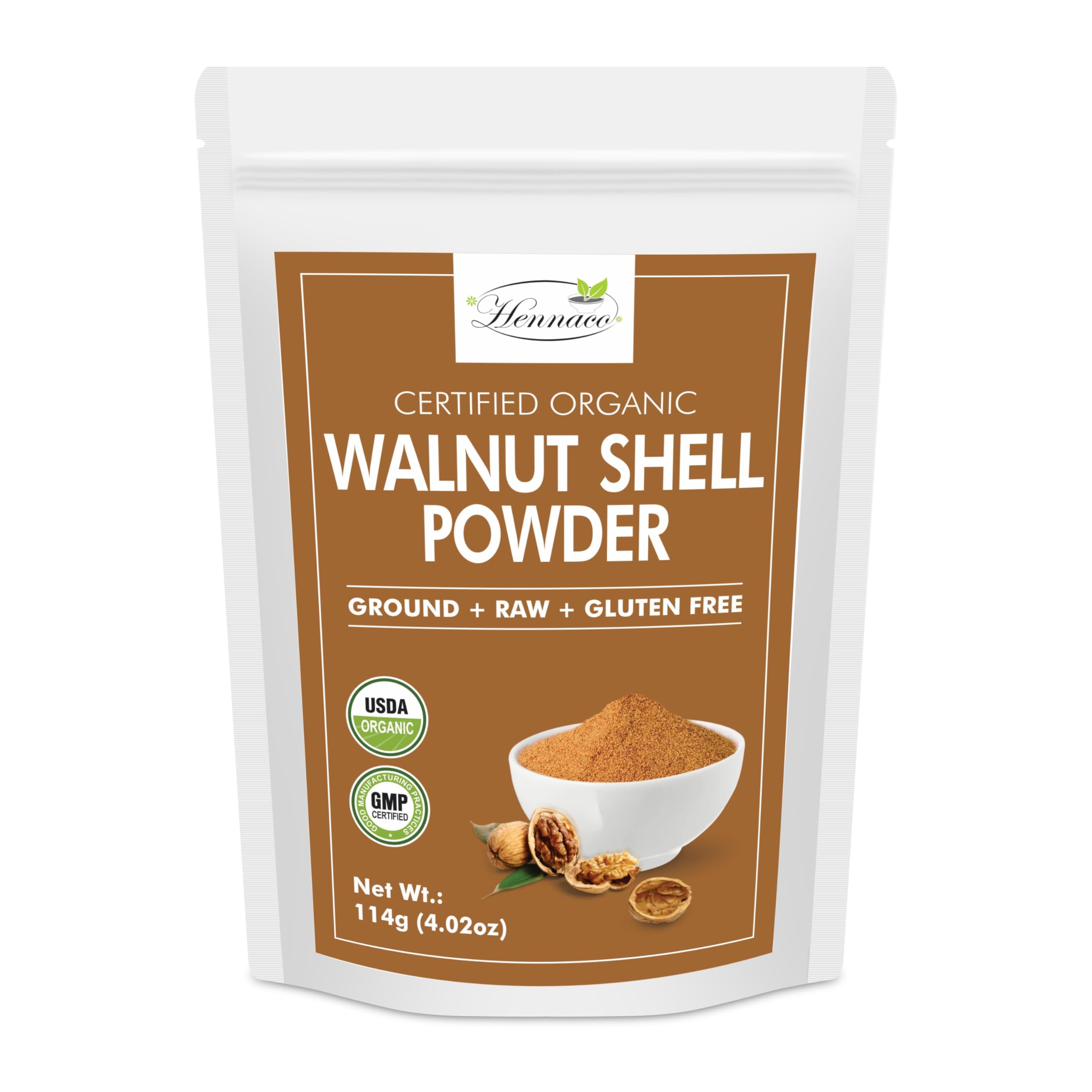 hennaco Organic Walnut Shell Powder| Natural Exfoliant | Resealable Zip Lock Pouch | USDA Organic| Pure & Natural Powder for Skin | Suitable for Face, body, & Foot Scrub | 114 Grams (4 OZ)