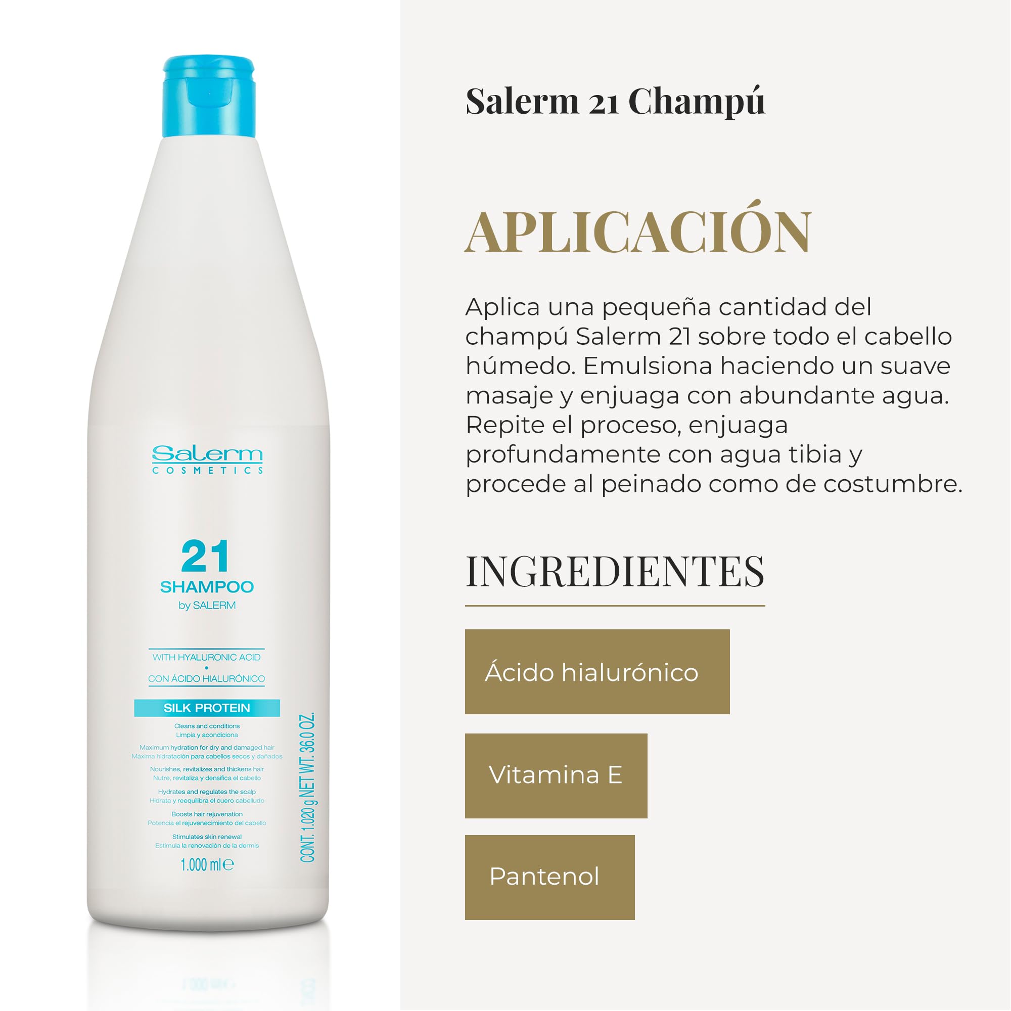 Salerm - Hydrating Shampoo 21 Silk Protein - 1000 ml - for Dry and Damaged Hair - with Silk Proteins - Nourishes, Repairs, and Revitalizes Hair - Heat Protection
