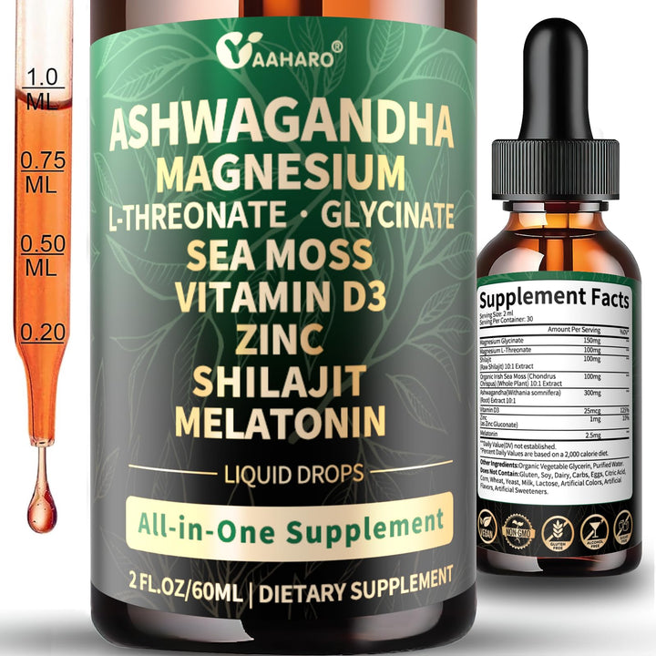 Ashwagandha Liquid Drops with Magnesium, Shilajit, Sea Moss, Zinc, Vitamin D3 and Melatonin - Ashwagandha Supplements for women and men - Ashwagandha and Magnesium for Sleep and Relaxation - 2 Fl Oz