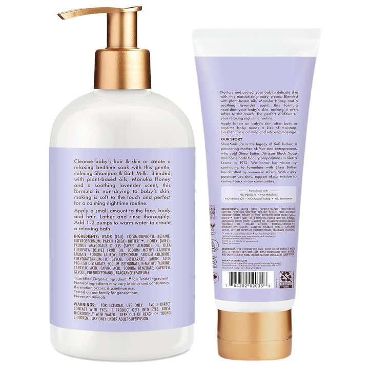 Shea Moisture Baby Care Set – Relaxing Nighttime Shampoo & Bath Milk + Nighttime Body Cream for Delicate Skin, Manuka Honey & Lavender (2 Piece Set)