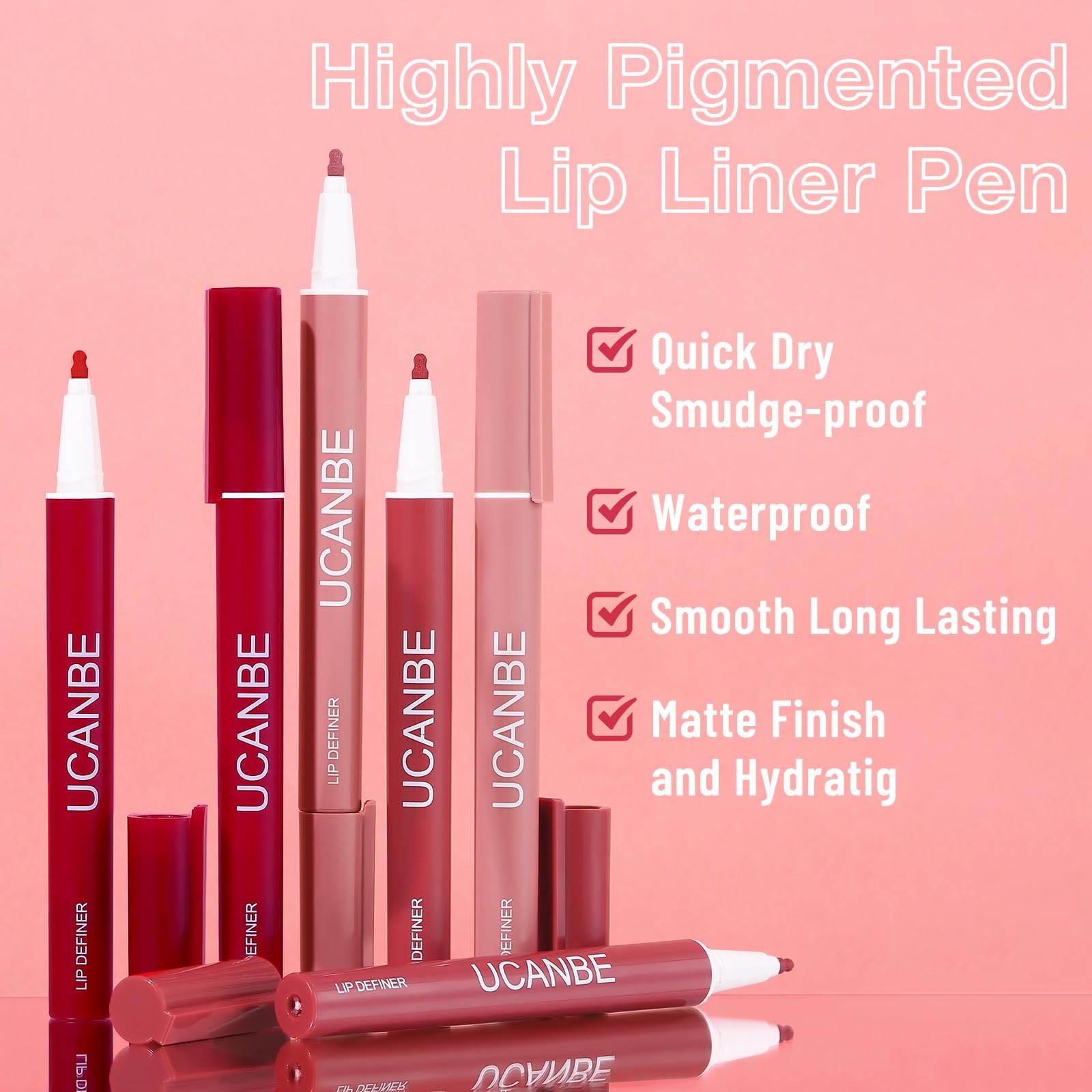 UCANBE 3 Pcs Liquid Lip Stain Tint, Nude Matte Shaded Red Lip Liner Marker, Makeup Smudge Proof Natural Waterproof Longlasting Quick Dry Lipstick Color