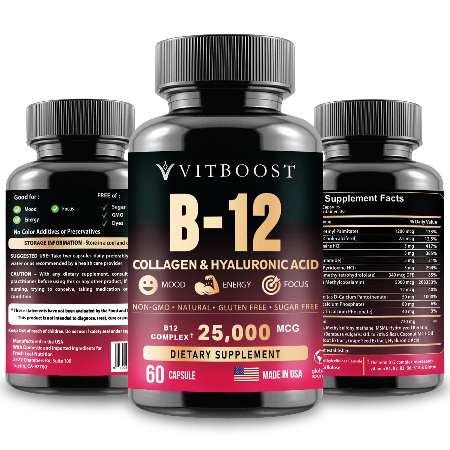 VITBOOST B12 with Hyaluronic Acid, Collagen and Folate – 25000 mcg B12 Methylcobalamin Supplement | Maximize Absorption & Energy | Gluten Free USA Made, B1, B2, B3, B6, B7 Complex - 60 Capsules