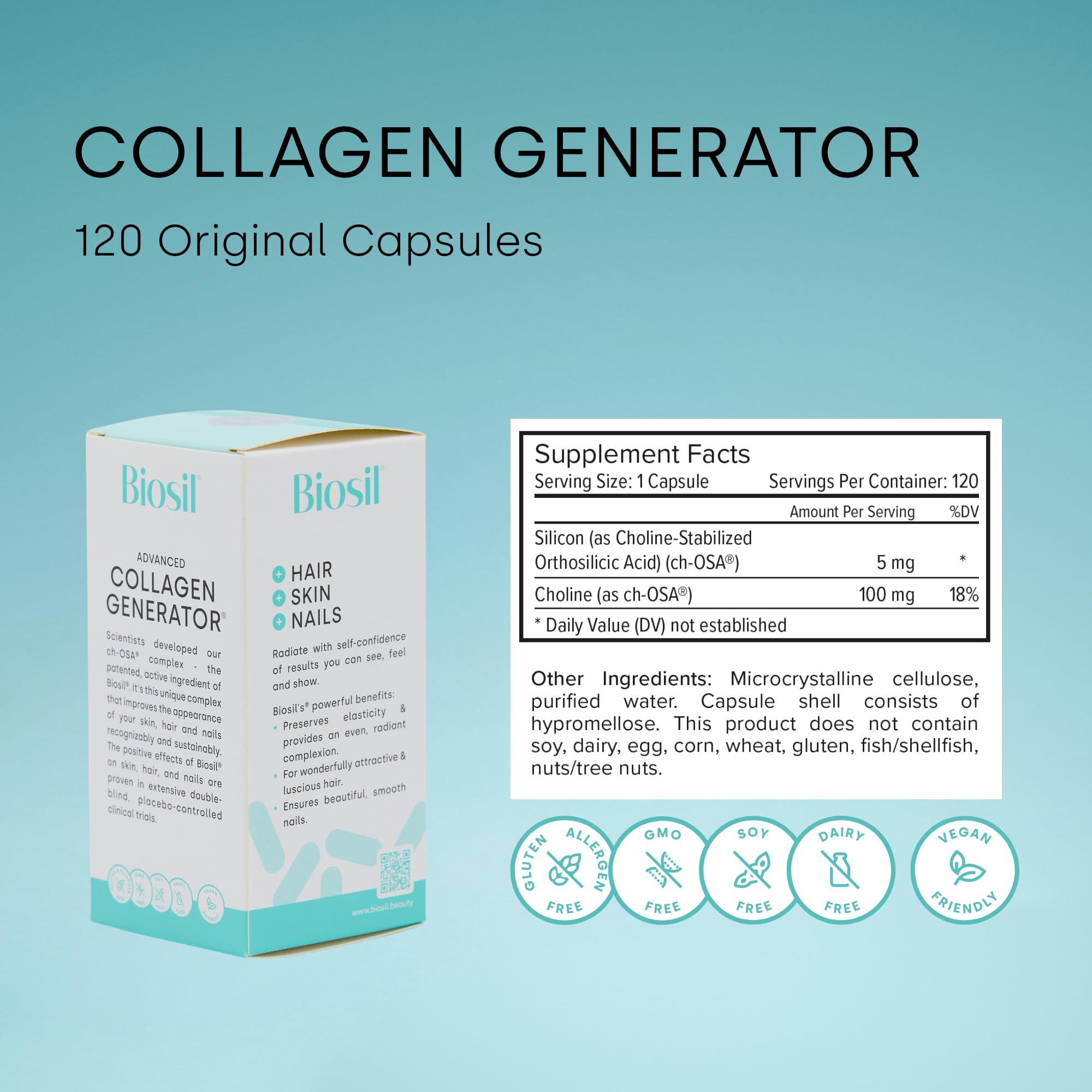 Biosil Collagen Generator - 120 Original Capsules - with Patented ch-OSA Complex - Generates & Protects Your Own Collagen - GMO Free - 60-Day Supply