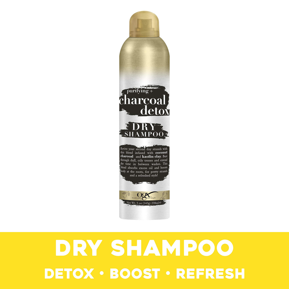 OGX Purifying + Charcoal Detox Dry Shampoo Spray with Activated Charcoal & Kaolin Clay for Fresh Full Hair, Dry Shampoo to Absorb Excess Oil & Revive Dull Second-Day Hair, 5 Ounce