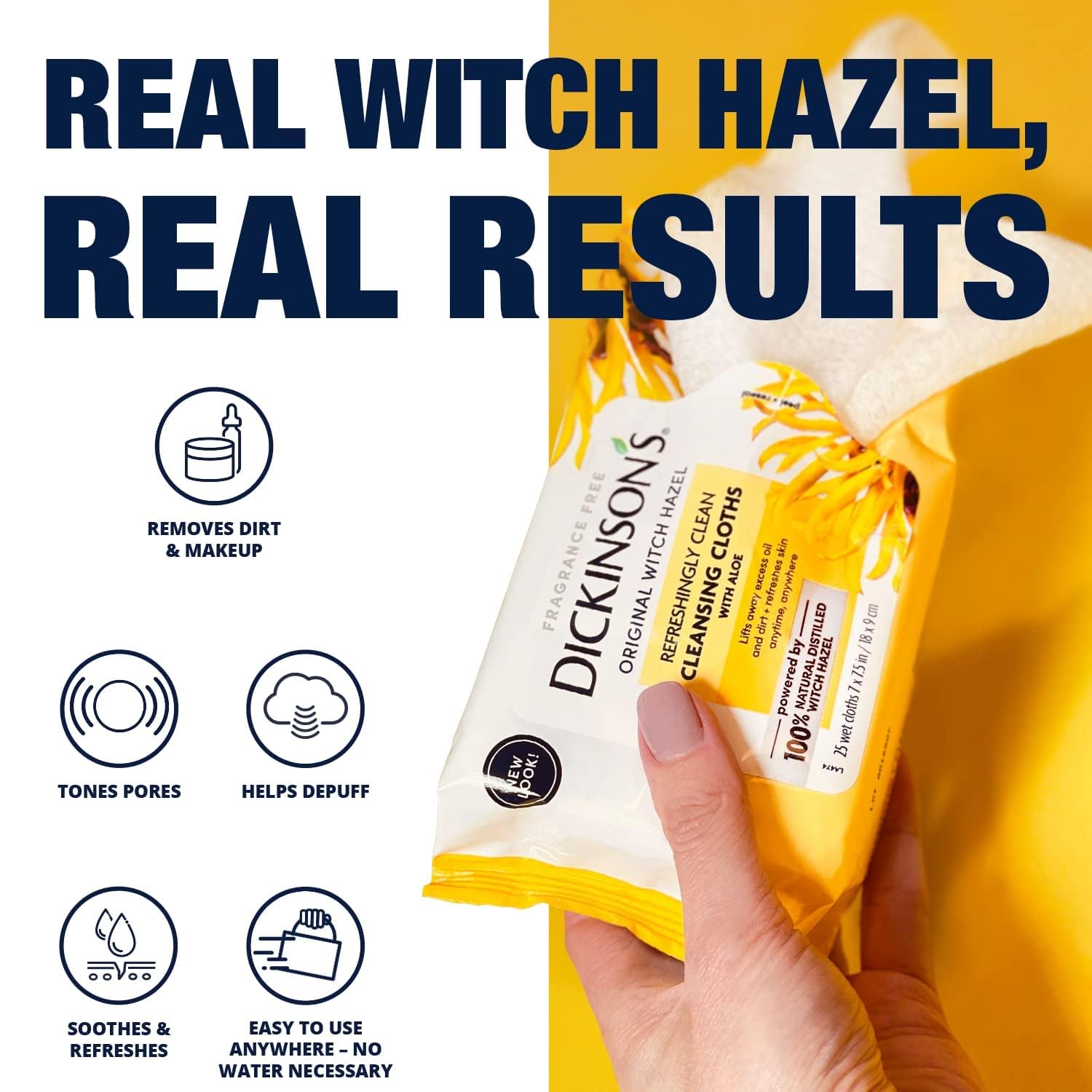 Dickinson's Original Witch Hazel Cleansing Cloths with Aloe | 100% Natural Distilled Witch Hazel | Extra-Large, Ultra-Soft Wipes | Removes Dirt, Oil, Makeup | 25 Cloths (1 Pack)