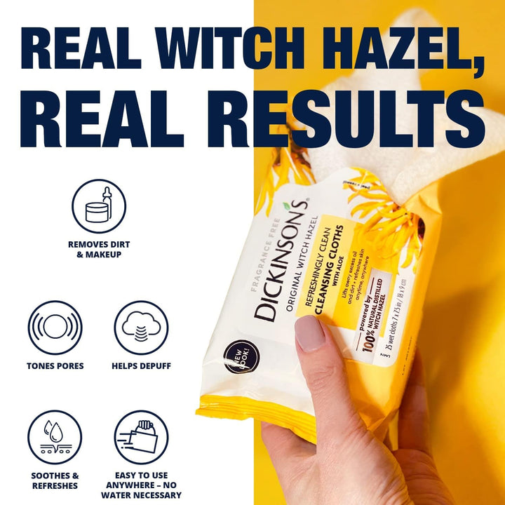 Dickinson's Original Witch Hazel Cleansing Cloths with Aloe | 100% Natural Distilled Witch Hazel | Extra-Large, Ultra-Soft Wipes | Removes Dirt, Oil, Makeup | 25 Cloths (1 Pack)