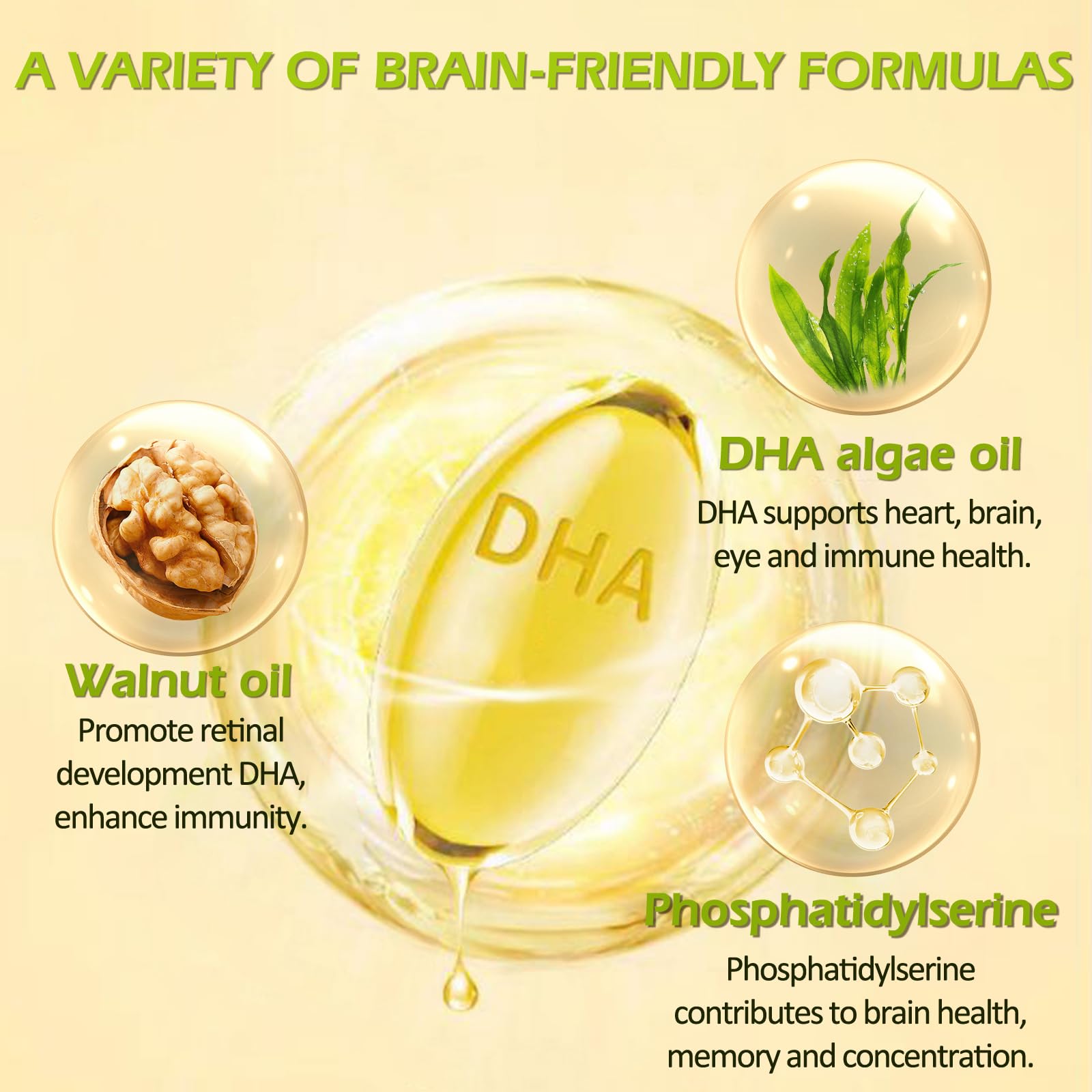 OMOGS Algae DHA - 600 mg Omega-3 DHA Softgels, with Phosphatidylserine & Walnut Oil, Supports Healthy Brain Function, Vision, Eye & Memory, Gluten Free, Non-GMO Vegan Algae Oil, 90 Softgels