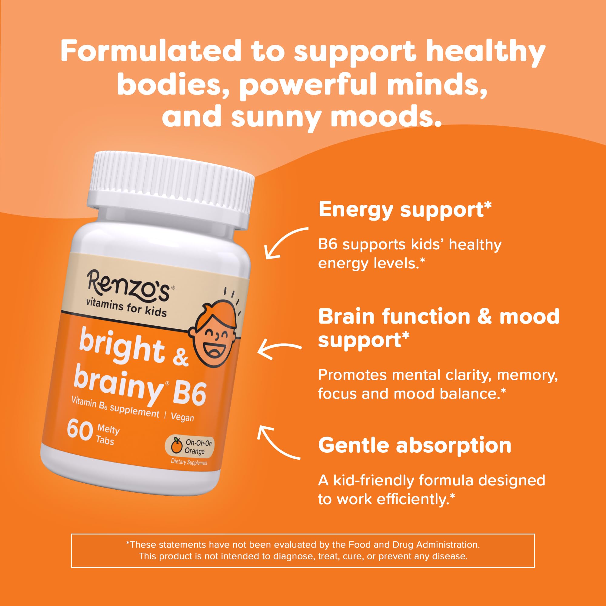 Renzo's Bright & Brainy Vitamin B6 - Dissolving Kids Vitamin B6-60 Sugar-Free Melty Tabs, Oh Oh Oh Orange Flavored