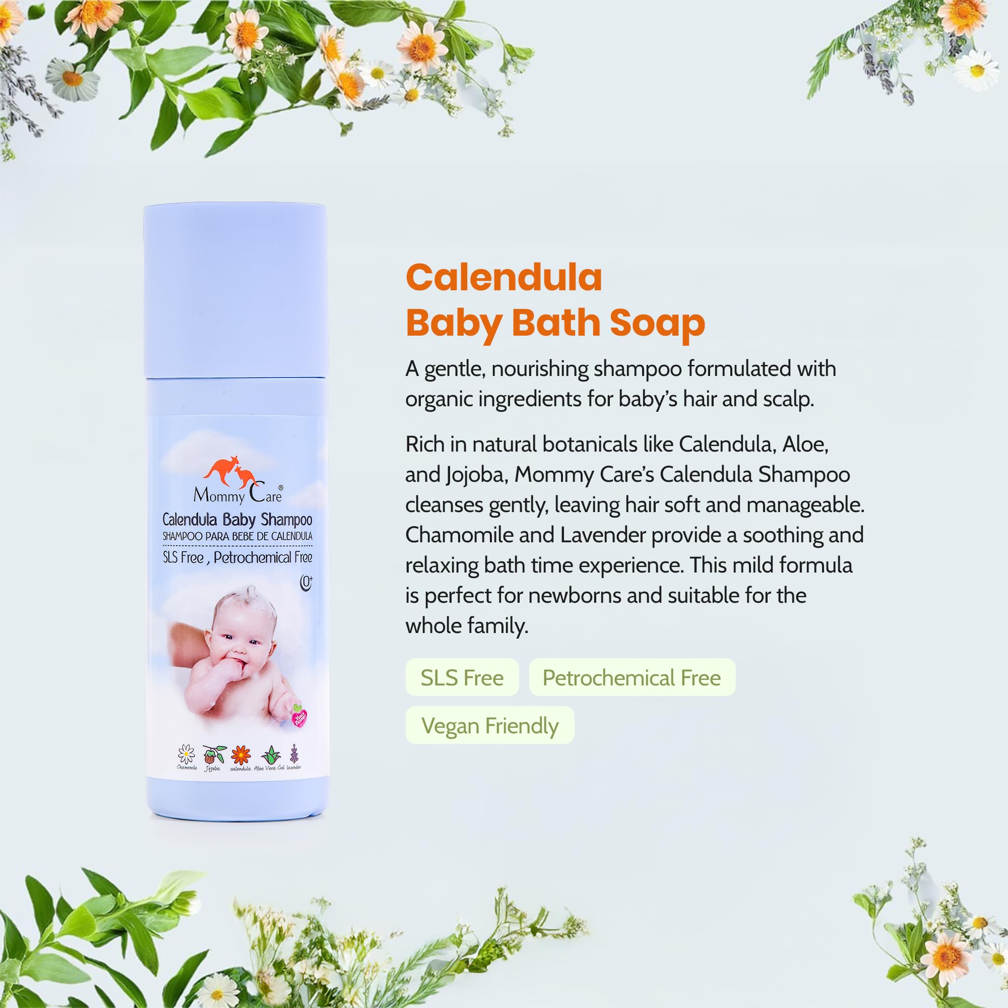 Mommy Care Natural Baby Shampoo – Gentle & Nourishing Calendula Shampoo for Newborns, SLS-Free, Vegan & Cruelty-Free, 200 ml / 6.76 fl oz