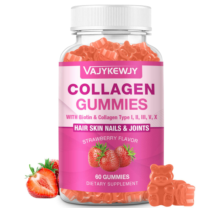 VAJYKEWJY Vegan Collagen Gummies for Women & Men - with Biotin, Vitamin C, & Zinc for Skin Radiance, Hair Growth, Strong Nails, & Joint Support, 60 Count