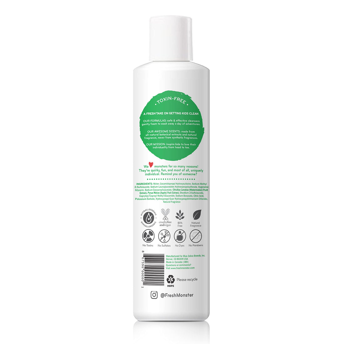 Fresh Monster 2-in-1 Kids Shampoo & Conditioner, Toxin-Free, Hypoallergenic, Tear-free Shampoo & Conditioner for Kids, Watermelon (8.5oz)