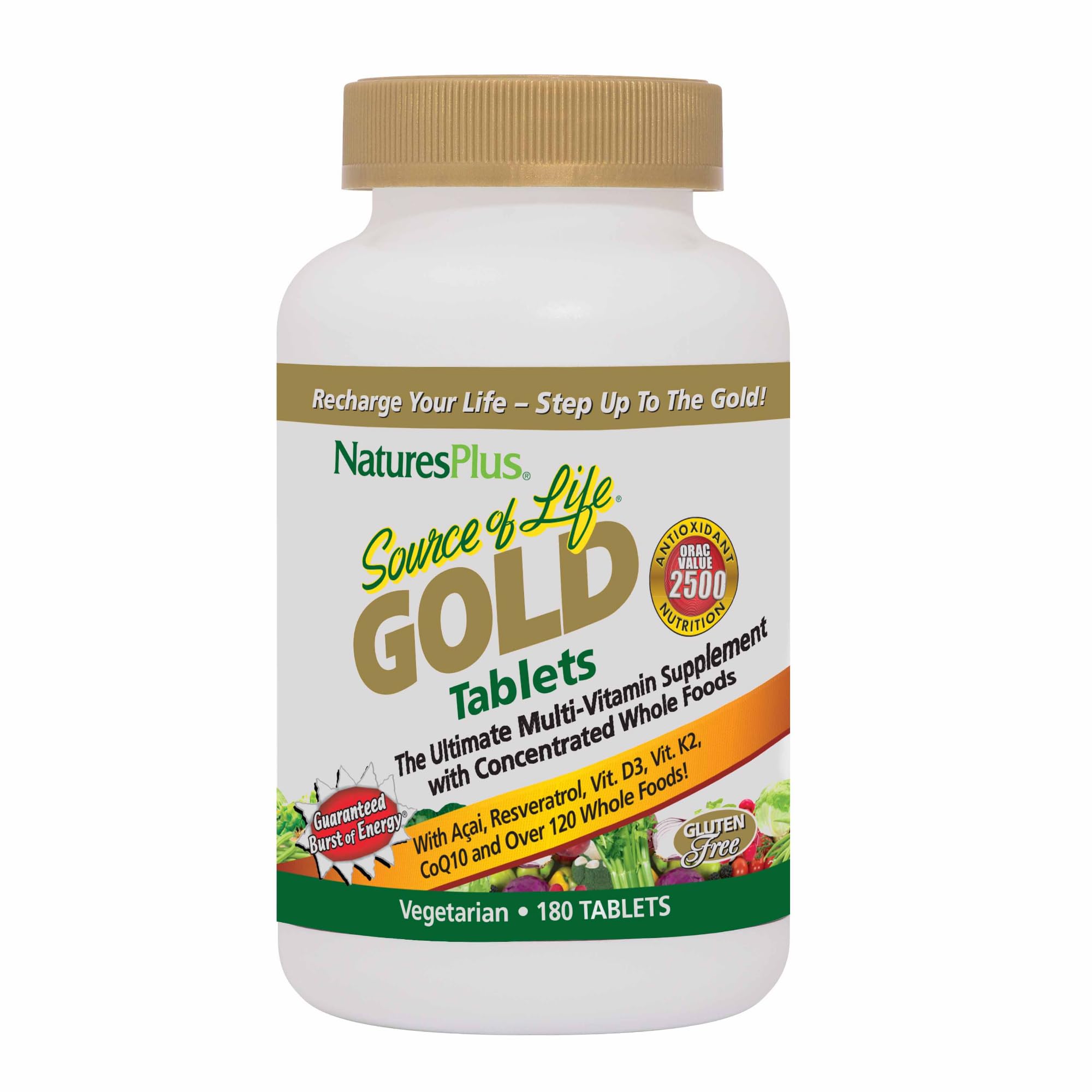 Natures Plus Source of Life Gold Multivitamin - 180 Tablets - Blood Support, Bone Support, Healthy Immune System - Includes Vitamins D3, B12, K2 & Over 120 Whole Food Nutrients - 60 Servings