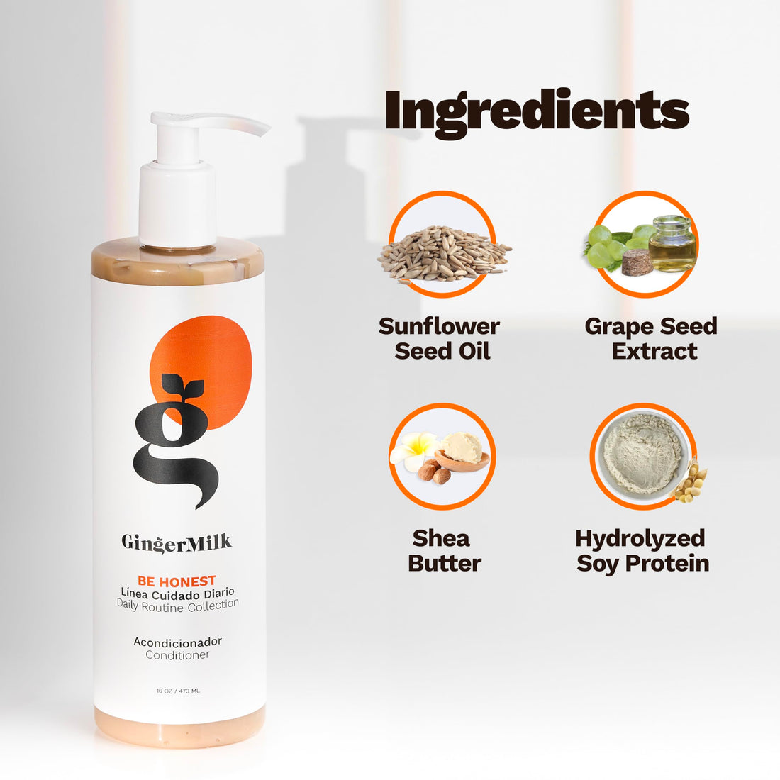 Ginger Milk BE HONEST Conditioner for all hair types. Rich in botanical actives and vitamins for optimal suppleness and shine. (8.5 fl oz.)