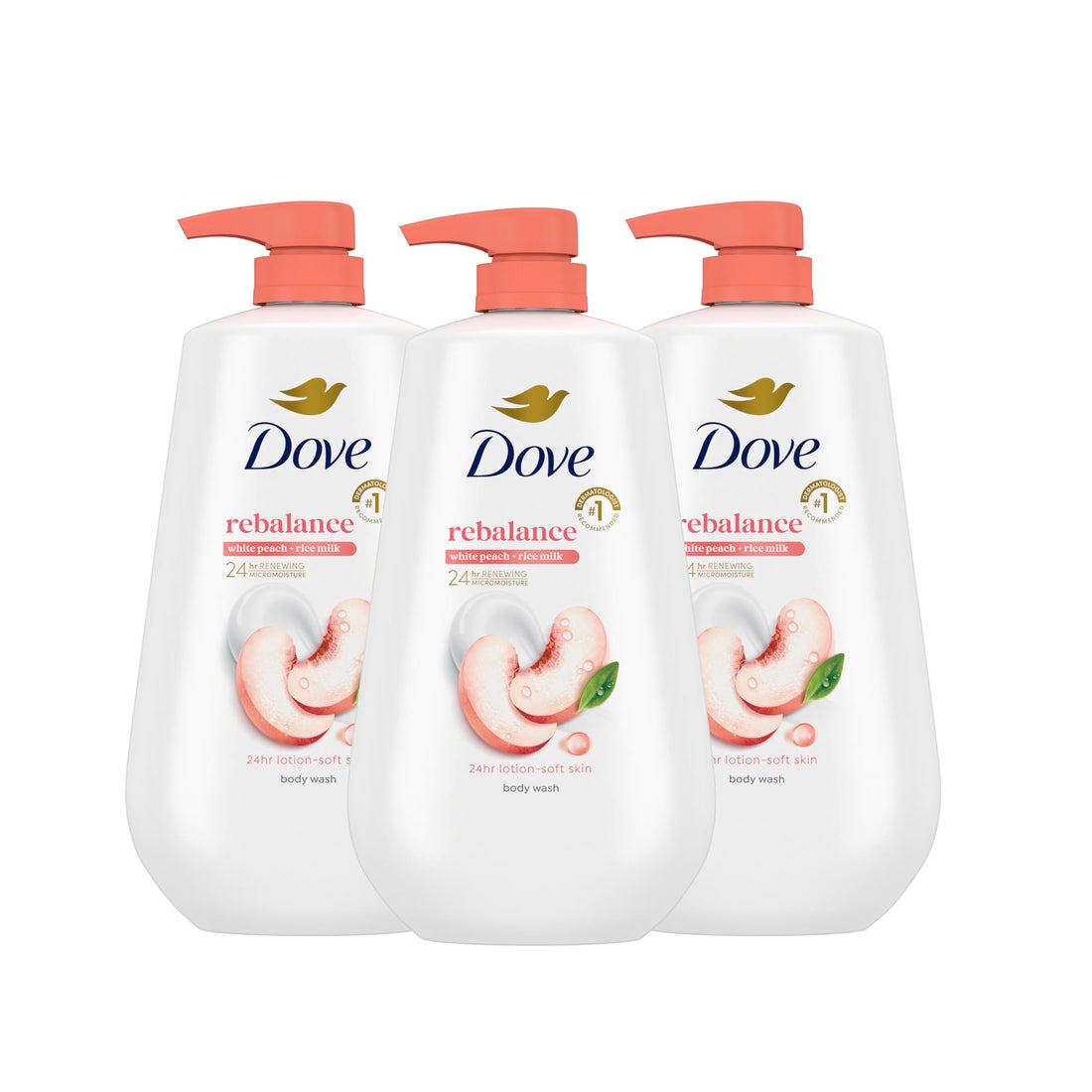 Dove Body Wash For 24hr Lotion-Soft Skin Rebalance White Peach & Rice Milk Moisturizing Skin Cleanser with No Sulfates No Parabens (Pack of 3)